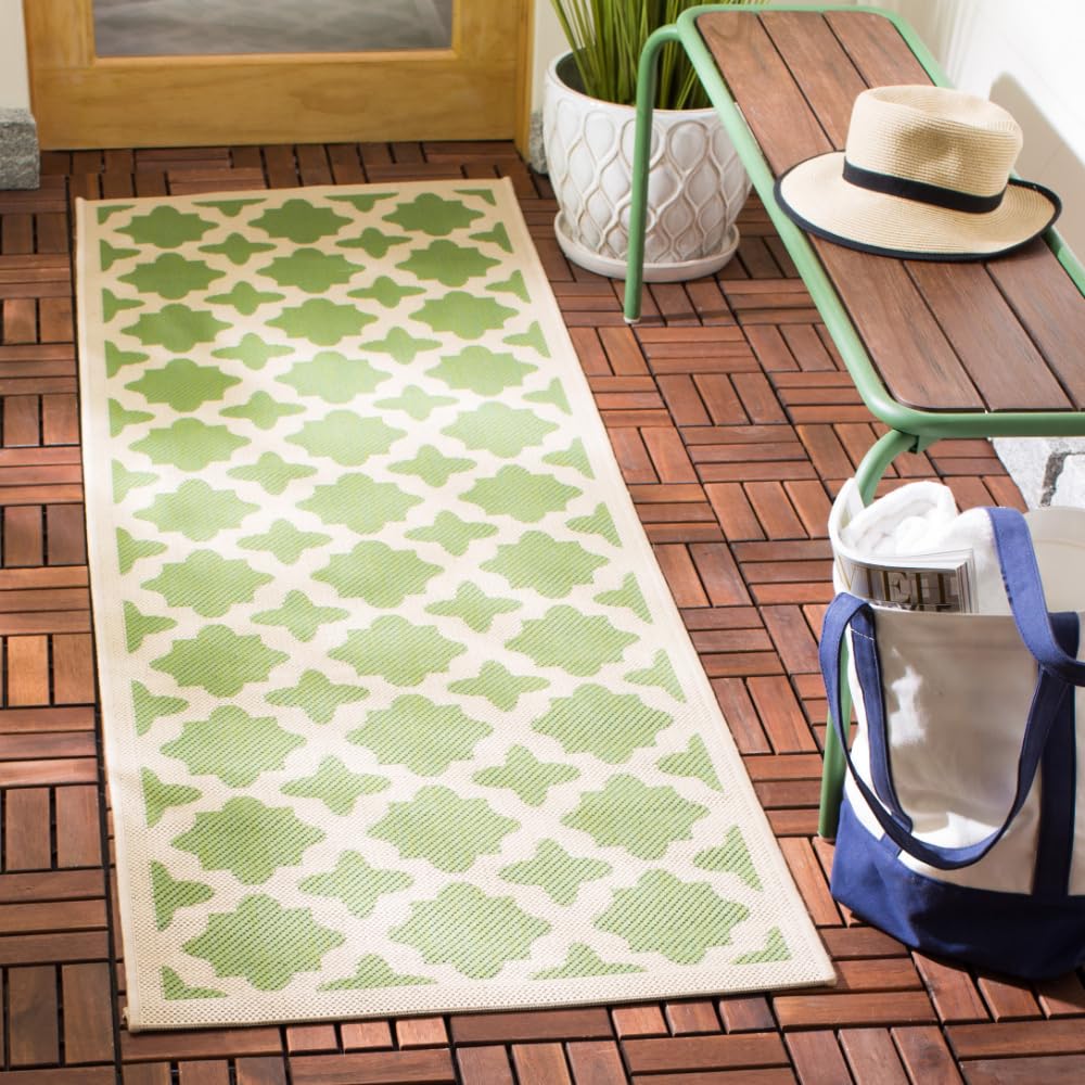 SAFAVIEH Washable Rug Outdoor Courtyard Collection - 2'3" x 6'7" Runner, Green & Beige, Non-Shedding & Easy Cleaning, Ideal for Patio, Entryway,