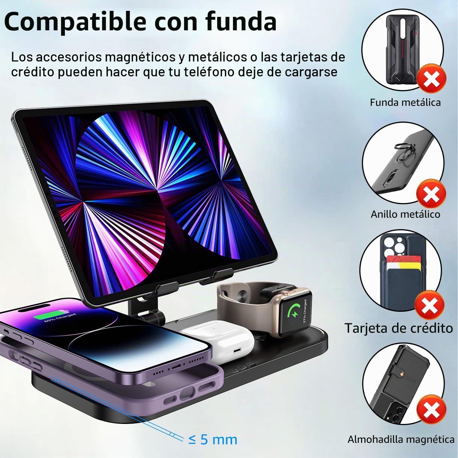 Cargador Inalámbrico para Apple, Cargador Inalámbrico 4 en 1 para Apple Estación de Carga para iPhone 14/13/12/11, Base de Carga para Apple Watch 8/7/6/5/SE/4/3/2, AirPods 3/2/Pro, Cargador para iPad