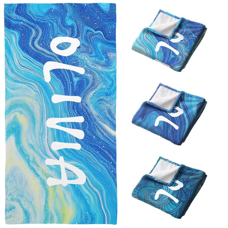 Heflashor Personalized Beach Towel with Name Custom Microfiber Beach Towels Lightweight Quick Dry Sand Free Bath Towel for Swimming Pool Vacation,Ocean Waves