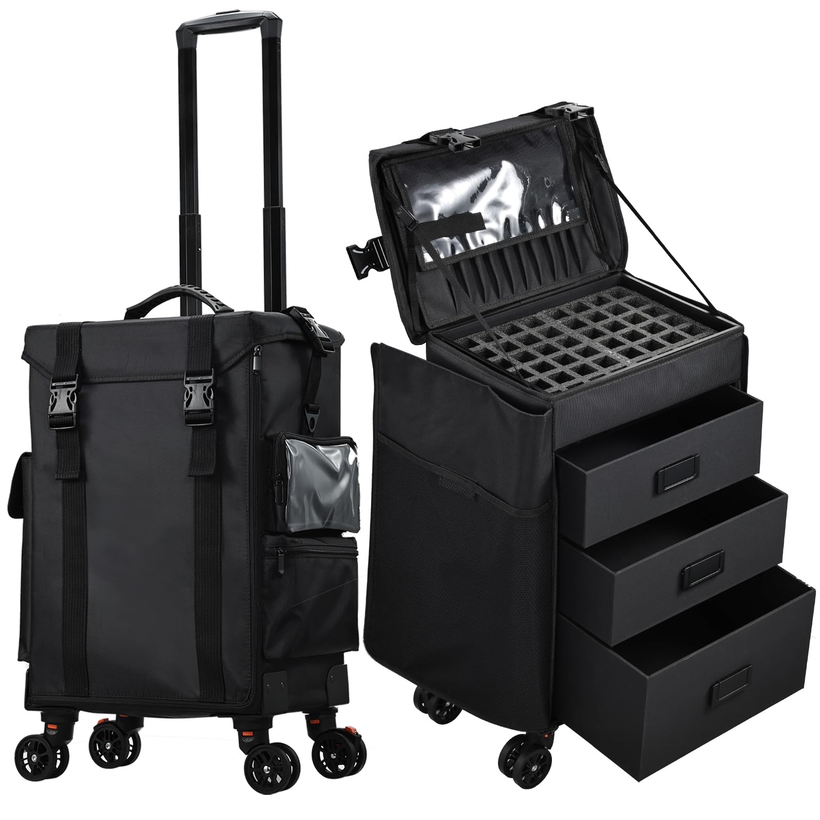 Stagiant Rolling Makeup Case 4 in 1 Soft Sided Professional Cosmetology Case on Wheels Freelance Makeup Artist Nylon Cosmetic Organize Storage Nail Technician Hair Stylist Classic Black