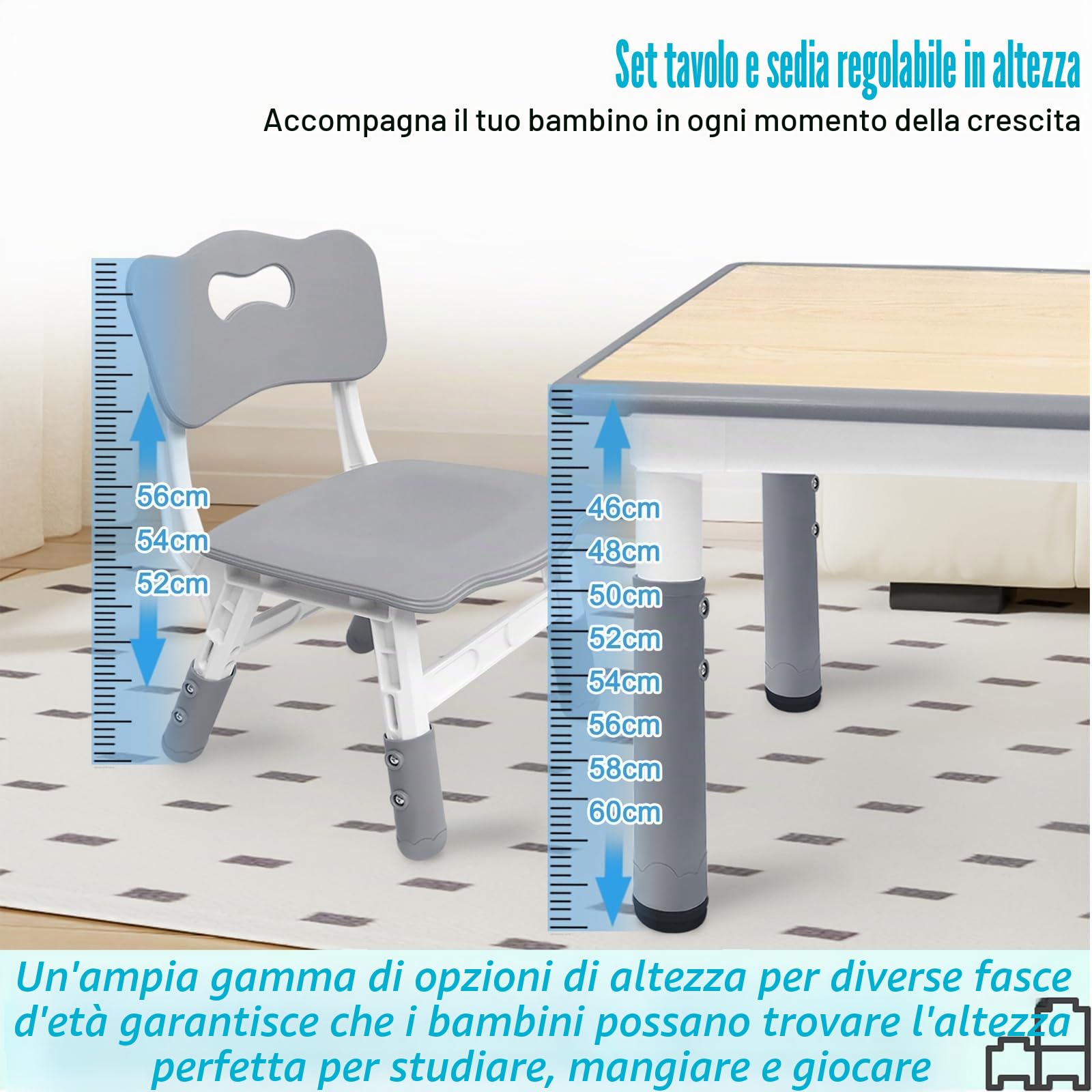 ACXIN Tavolo per bambini con 4 sedie, in plastica, per bambini, regolabile in altezza, per cameretta dei bambini, colore grigio