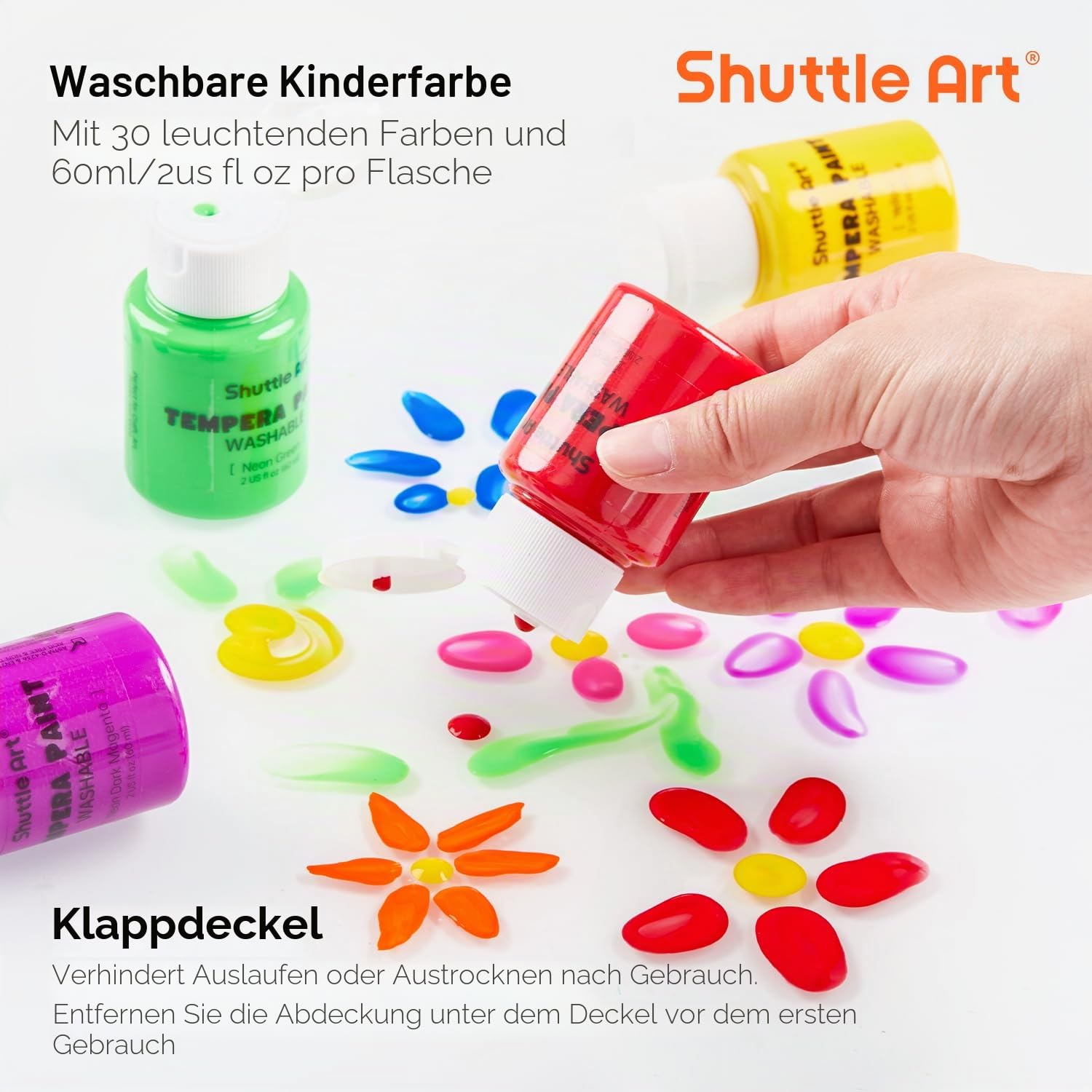 Shuttle Art Temperafarben Set, 30 Tempera Farben in Flaschen, je 60 ml, abwaschbare Kinderfarben, enthält Fluoreszierende, Metallic- und Glitzer-Farben, für Poster, Malen und Bastelprojekte geeignet