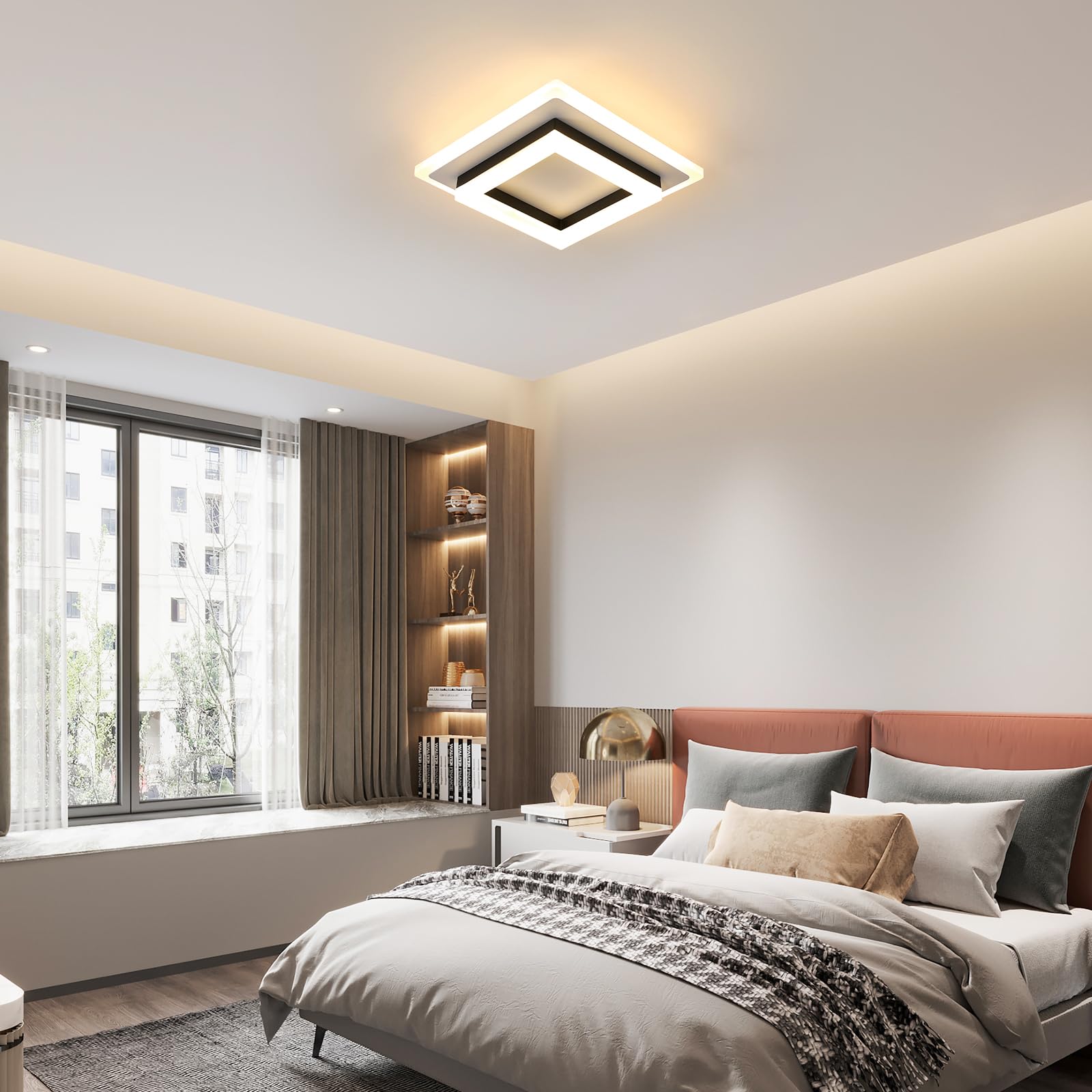 Plafon LED Techo, 24W 2700LM Moderna Cuadrada Plafón Luz Led, Lámpara de Techo Acrílico Negro para Salón Dormitorio Cocina Pasillo Oficina, Blanco Cálido 3000K, 20CM
