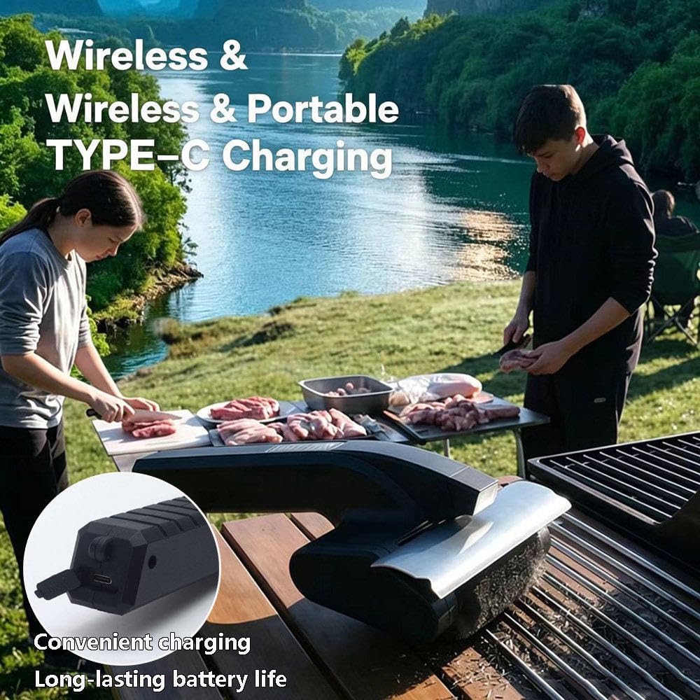 Spazzola Elettrica Senza Fili per Barbecue, Pulitore Rotante A 360°, con Protezione Antischizzo, Luce LED E Rullo Rimovibile in Acciaio Inox; Adatta per Griglie da Interno Ed Esterno