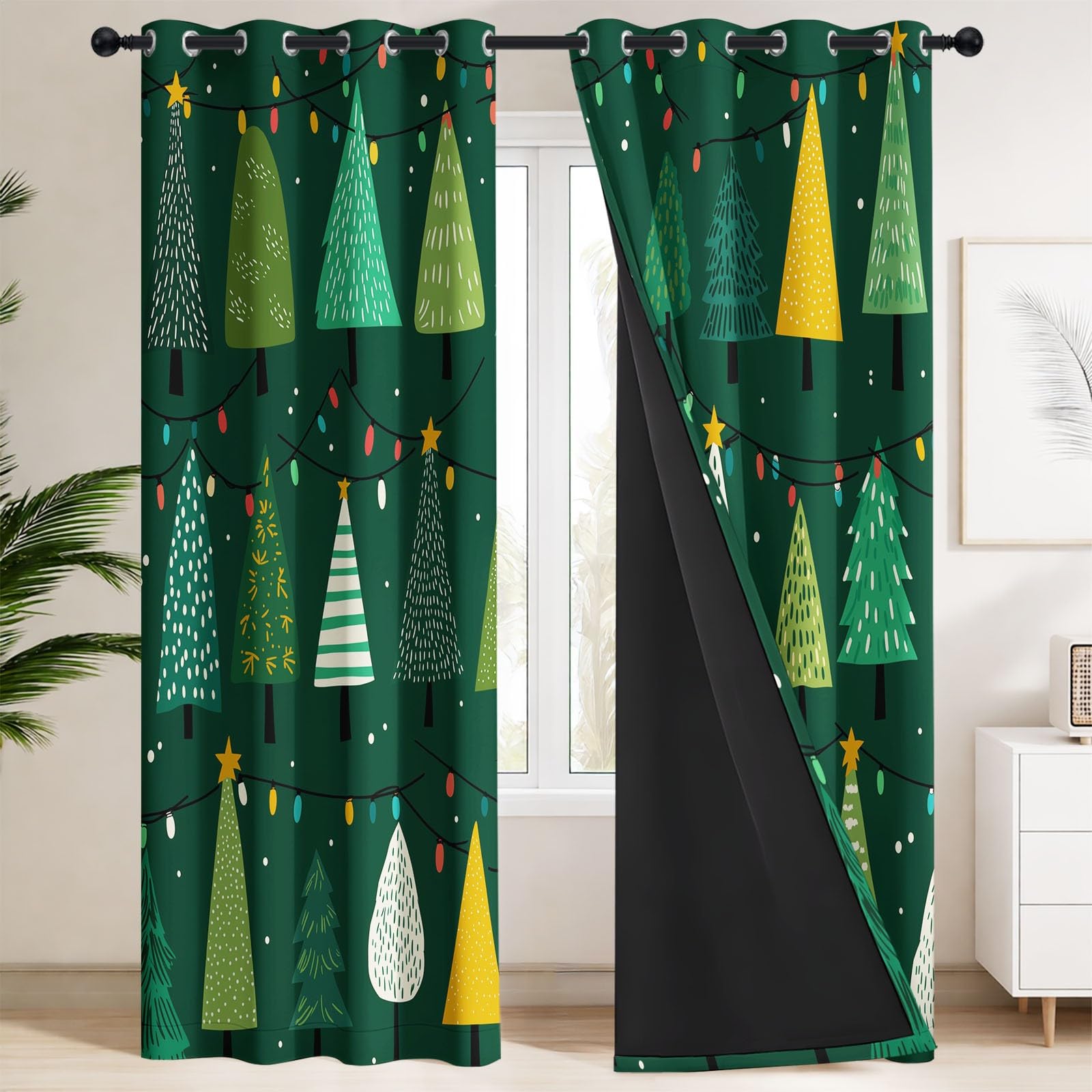 Verdunklungsvorhänge 2er Set mit Ösen, Blickdichte Gardinen Schalldämmend Lärmschutzvorhang für Kinderzimmer Wohnzimmer Festlich Weihnachten Fröhlich Weihnachtsbaum Lichterkette, H 175 x B 140 cm