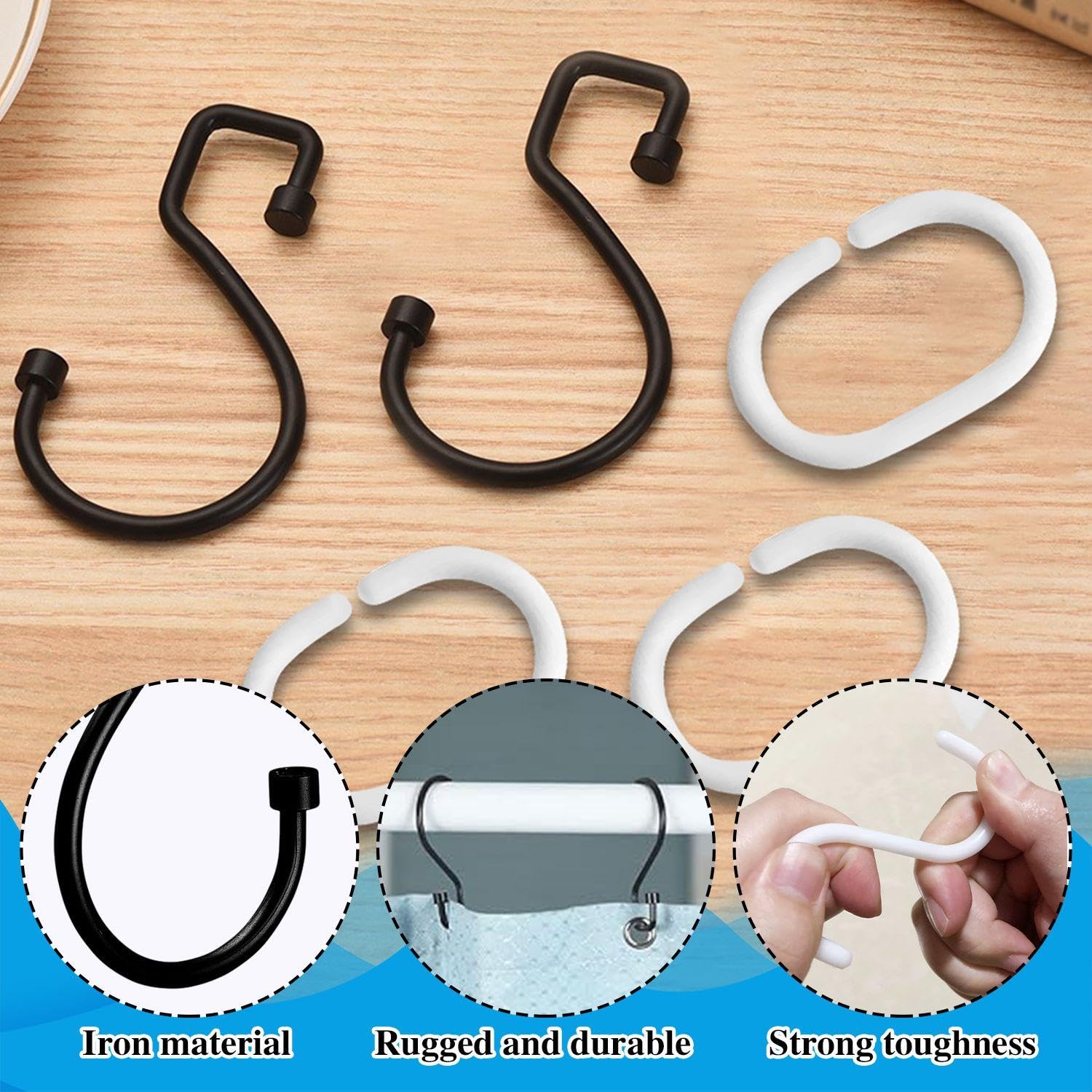 EOWVISN 12 Pieces S-Shaped Shower Curtain Hooks, 12 Pieces C-Shaped Opening Curtain Rings, Sliding Shower Hooks - Image 3