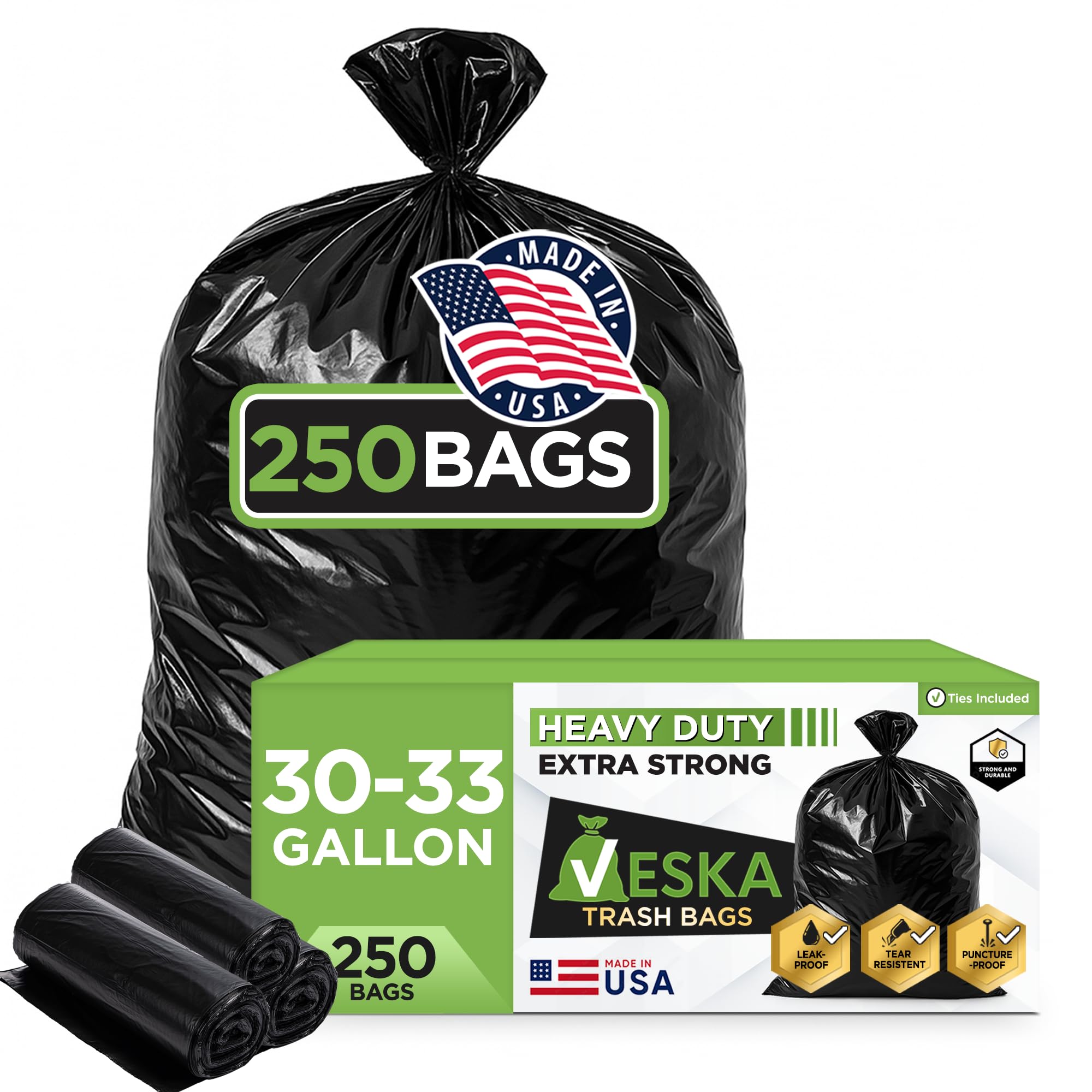 Veska 30-33 Gallon Trash Bags Heavy Duty | 250 Bags Mega-ValuePack | Black Large Trash Bags 30 Gallon - 32 Gallon - 33 Gallon.