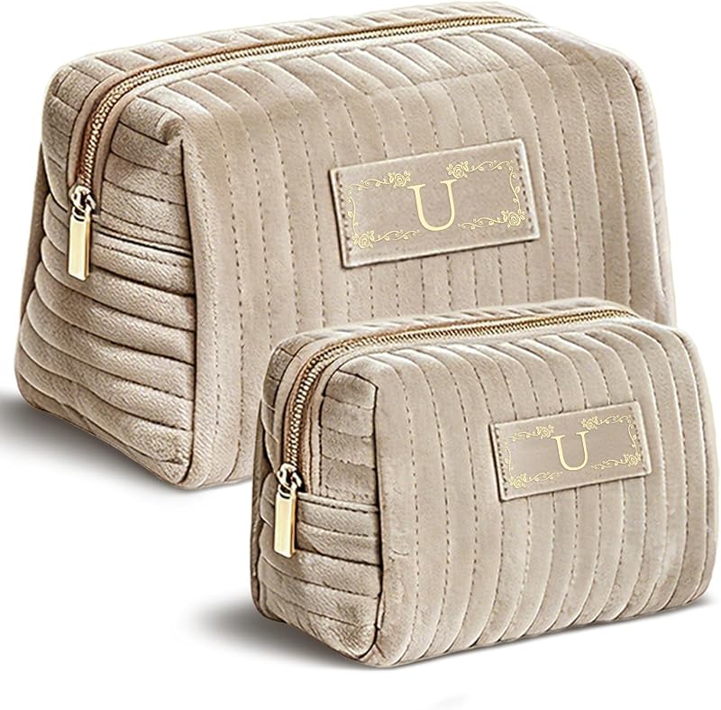Necessaire de maquiagem personalizada Adoryoung com inicial U, cor Champagne, pacote com 3