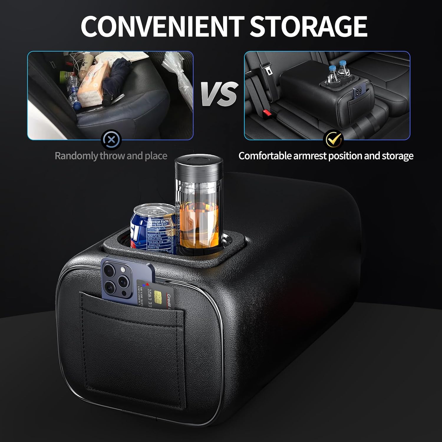 Universal Car Rear Seat Armrest 2 Row Console Box with Cup Holder Arm Rest Backseat Armrest Console Box Second Row Rear Central Armrest Box(Black-Single Pocket)