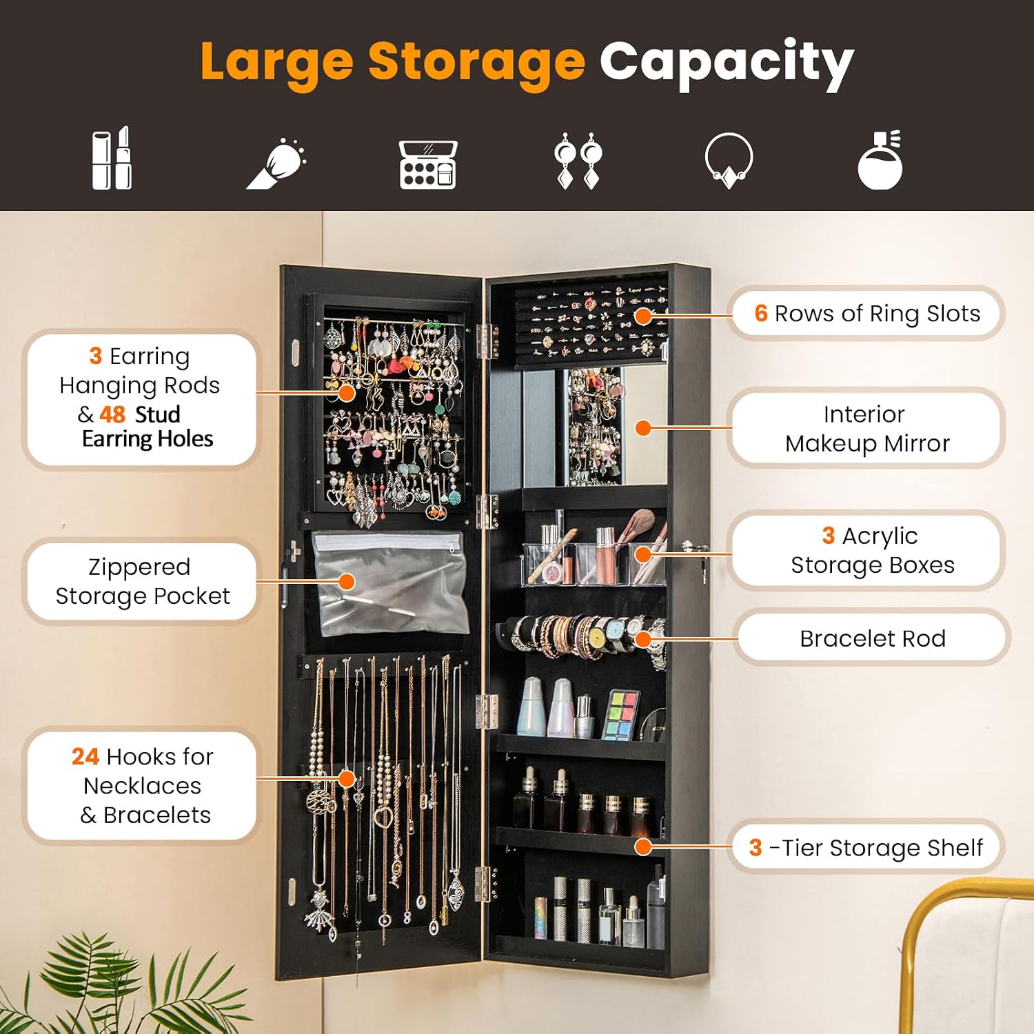 Giantex Jewelry Cabinet Armoire Door Wall Mount, 47.2in Lockable Touch Screen Lighted Full Length Mirror, 3 Lighting Settings, Inside Makeup Mirror, Jewelry Storage Box Organizer (Black)