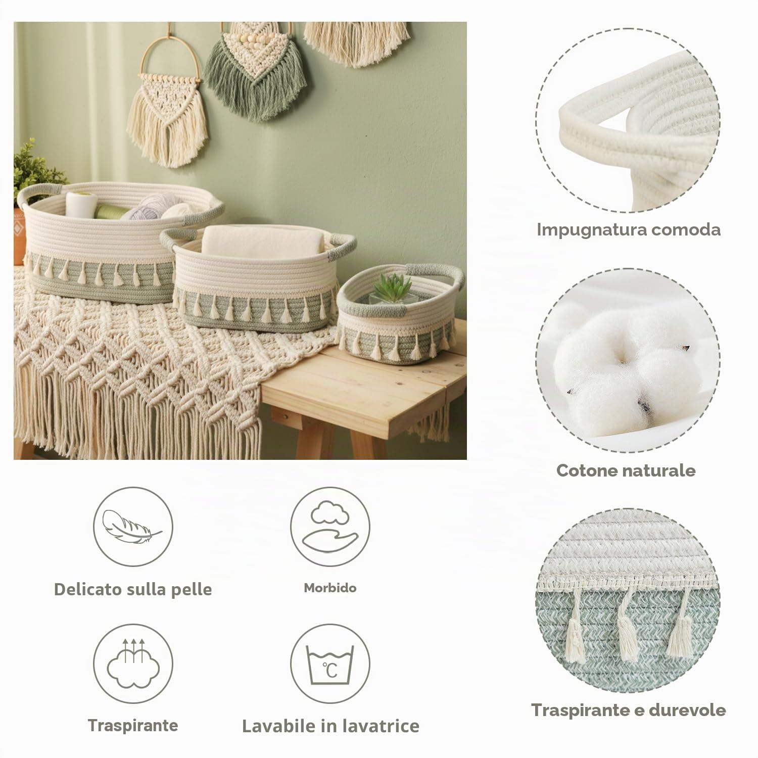 danpinera Set di 3 Cestini Portaoggetti, Cestino Portaoggetti Intrecciato in Corda, Impilabile Organizer Fasciatoio, Cesto Portaoggetti Ceste Portaoggetti per Bagno Cestino Boemo, Bianco e Verde