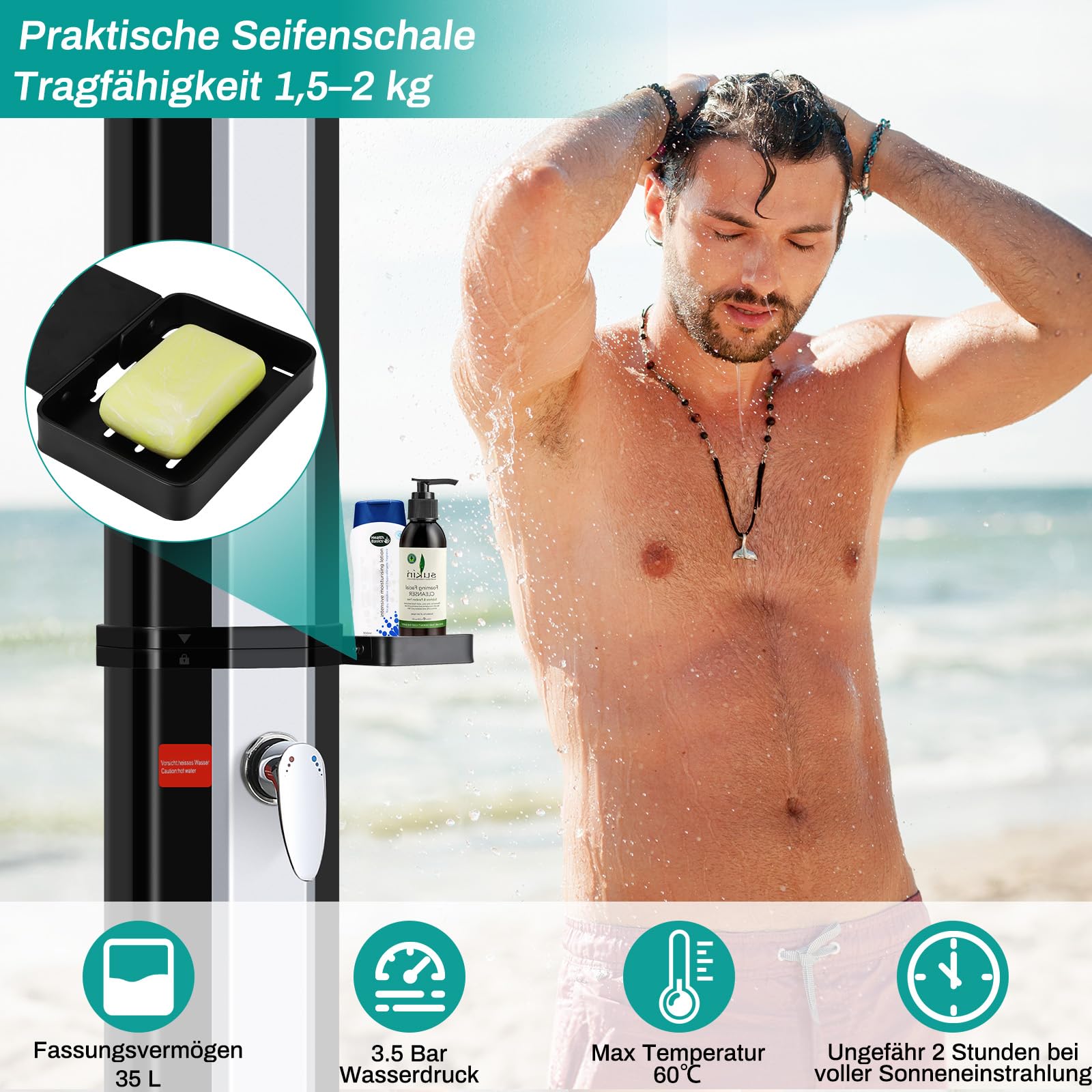 Solardusche 35 L, Gartendusche Warmwasser bis 60°C, mit Regenduschkopf, Wasserhahn, Seifenkiste & Schutzhaube, 4PCS Bodennägel, Pooldusche Camping für Garten, Balkon & Pool, ohne Stromanschluss