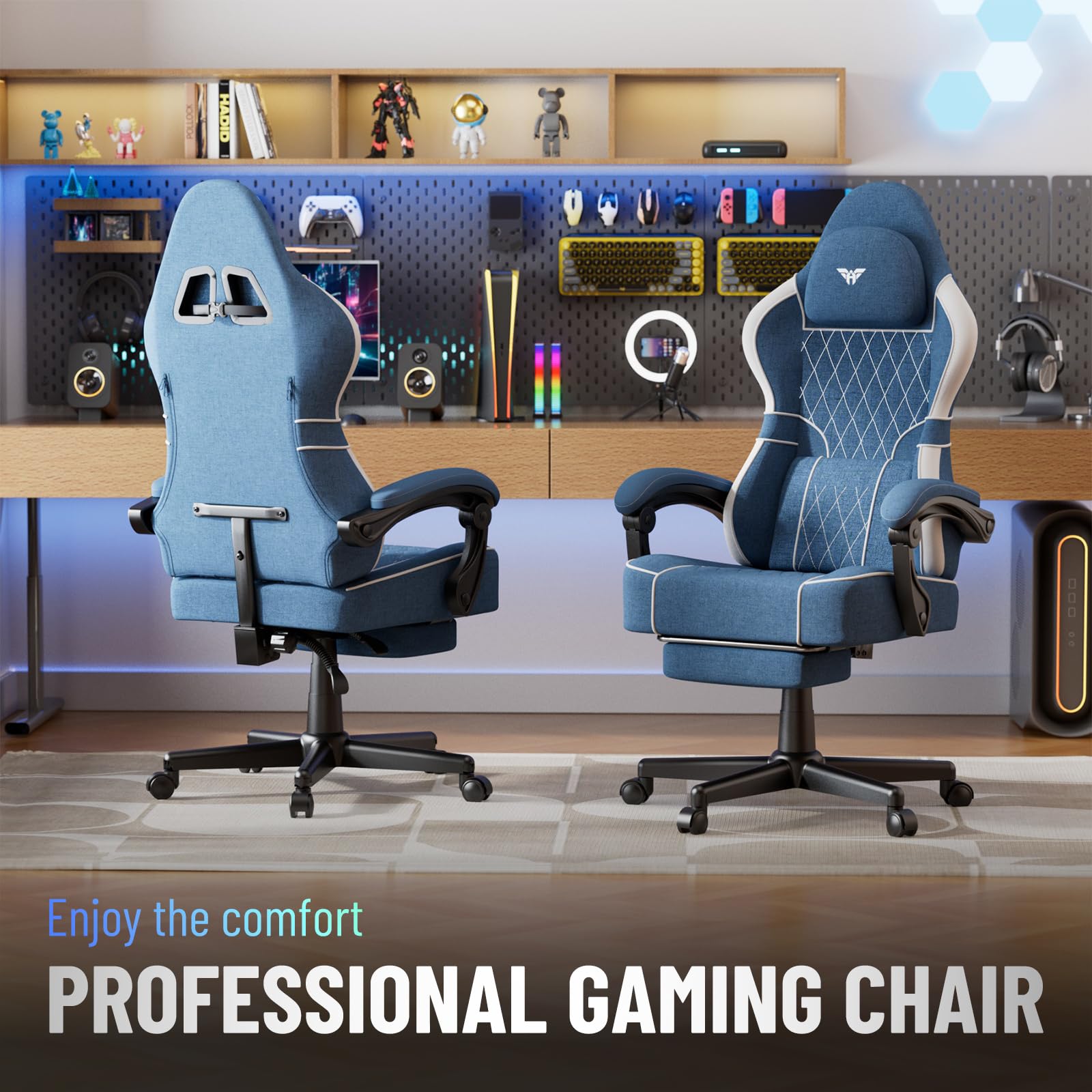 Ferghana Silla Gaming Ergonómica con Masajeador,Silla Gamer con Fabric Transpirable,Soporte Lumbar de Masaje,Reposacabezas,Reposapiés,Silla de Oficina,Silla Ergonómica de PC (Azul,Tejido)