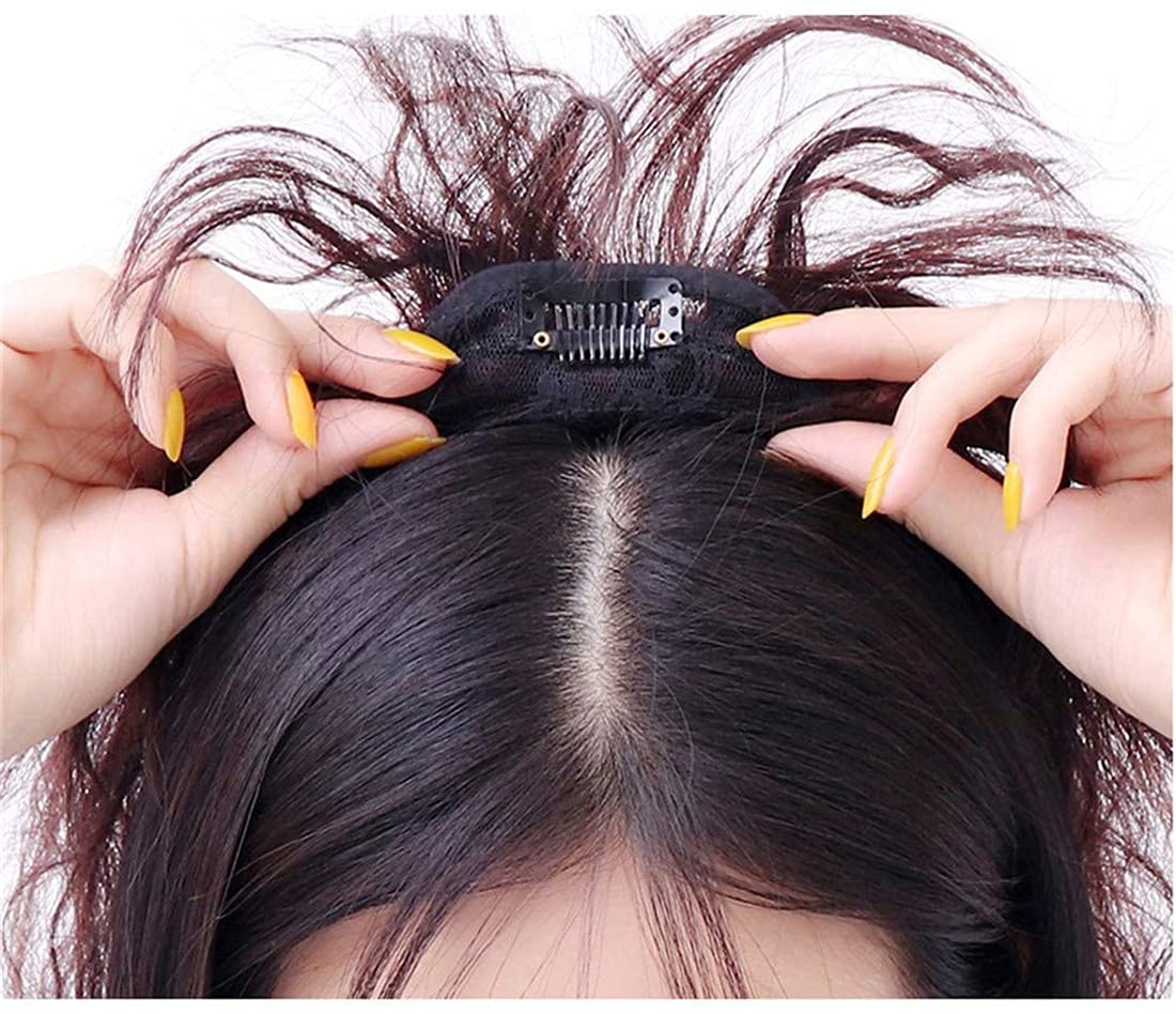 Curly Human Hair Topper with Bangs for Women Clip in Curly Hair Crown Toppers Wiglet Hairpieces, Brown