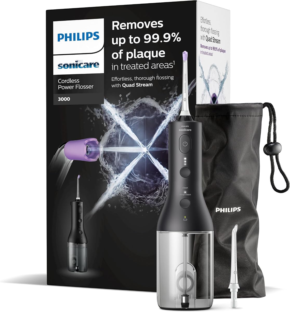Philips Sonicare kabelloser Power Flosser 3000 Munddusche, Wasser-Flosser für Zähne, Zahnfleisch und Zahnpflege, in schwarz (Modell HX3826/33)
