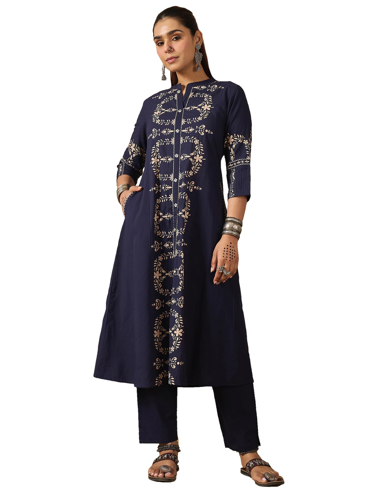 indo era Women's Pure Cotton Abstract Printed Flared Calf Length Kurta & Pant Set (IESTR11802)-picture-28