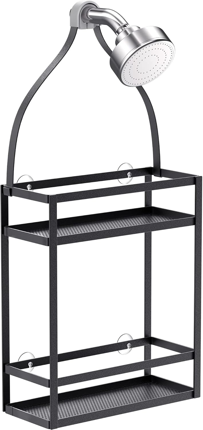 Meangood Shower Caddy, 10.4" x 4.5" x 22.04" Hanging Shower Caddy Organizer Over Shower Head Big Capacity for Shampoo, Conditioner with Hooks for Razor/Sponge, Matte Black