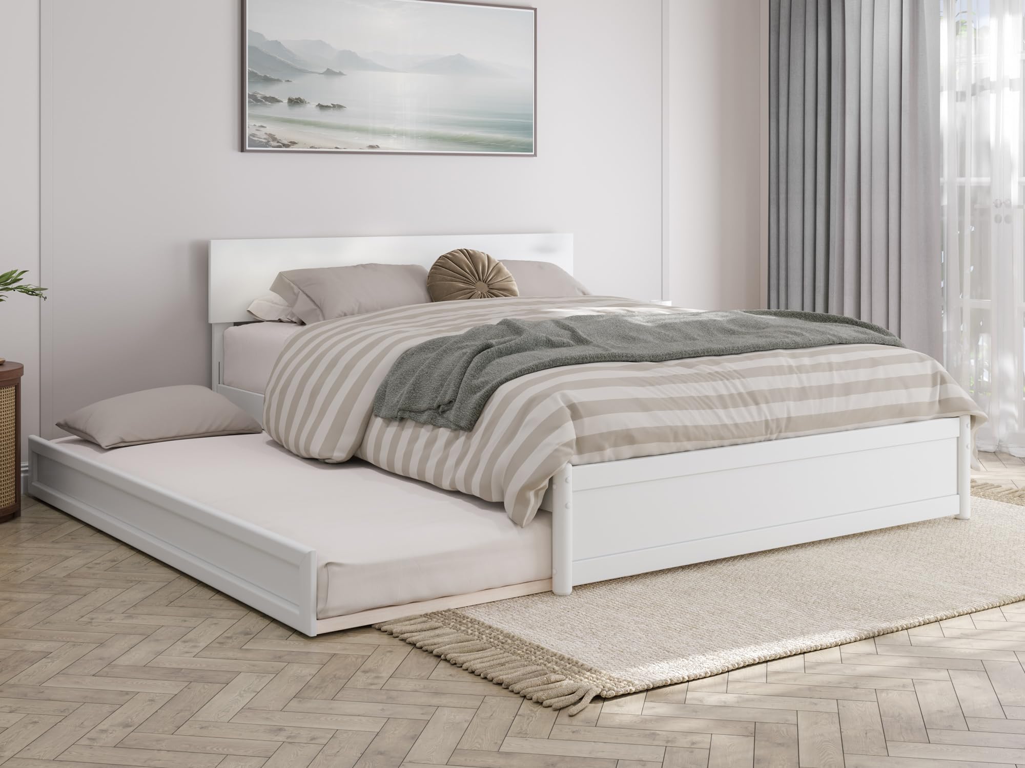 AFI, Wesley Queen Platform Bed with Panel Footboard and Twin XL Trundle, White