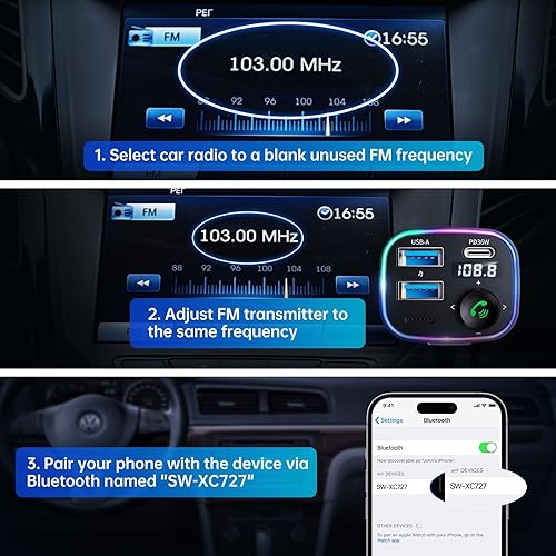 Miniatura 7 de Syncwire Bluetooth 5.3 Transmisor FM Adaptador de coche 48W (PD 36W y 12W) Interruptor de luz Bajo Profundo HiFi Carga Rápida Adaptador de Música de
