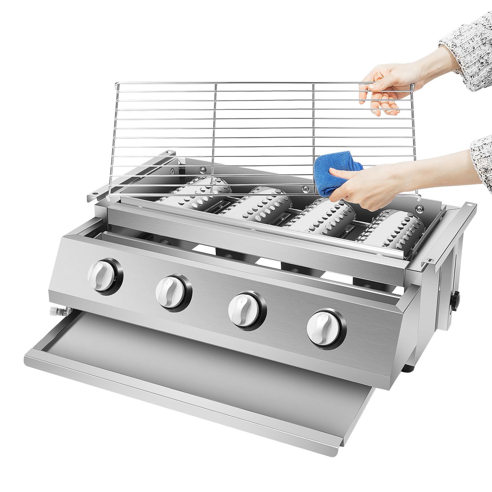Bruciatore a gas, 4 fuochi, barbecue a gas da campeggio, in acciaio inox, con griglia, griglia da tavolo, rimovibile, altezza regolabile, per campeggio, balcone, giardino