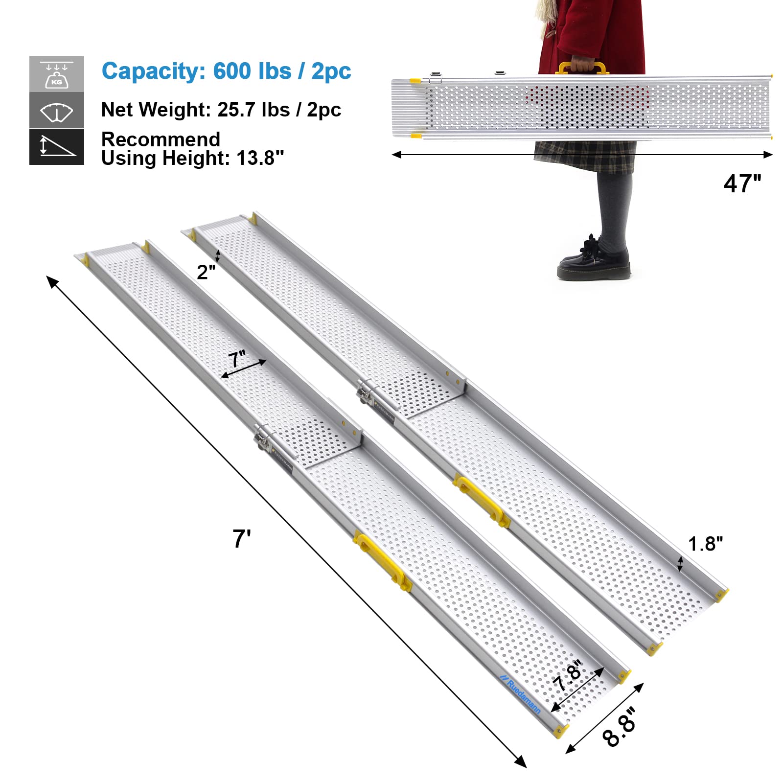 Ruedamann 7'L × 8.8" W Portable Aluminum Wheelchair Ramp,600lbs Capacity,Two Section Telescoping Non-Skid Ramp for Wheelchair,Home, Steps,Stairs,Doorways,1 Set with Bag