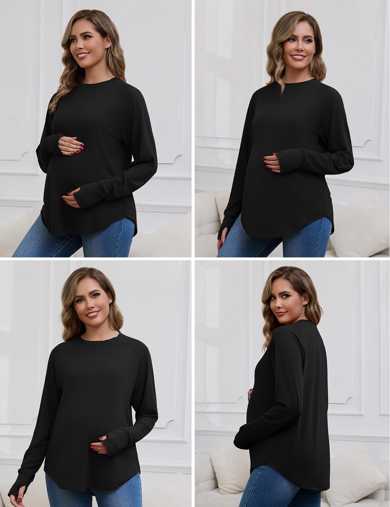 Bhome Camicette premaman, confezione da 3 pezzi, a maniche lunghe, per gravidanza, vestibilità ampia, casual, con fori per i pollici