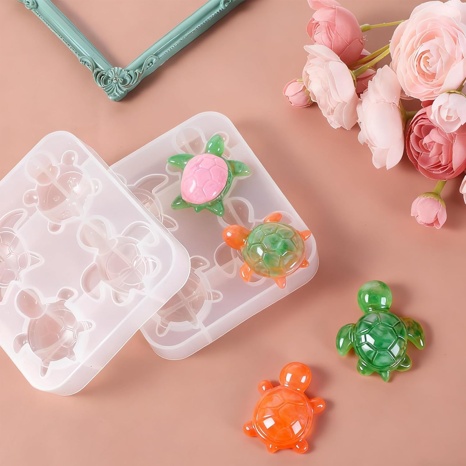 2Pcs Mini Sea Turtle Resin Mold Cute Mini Turtle Shape Resin Silicone Molds 3D Ocean Animal Epoxy Casting Molds for DIY Craft Keychain Fairy Garden Dollhouse Micro Landscape Decor(4 Designs)