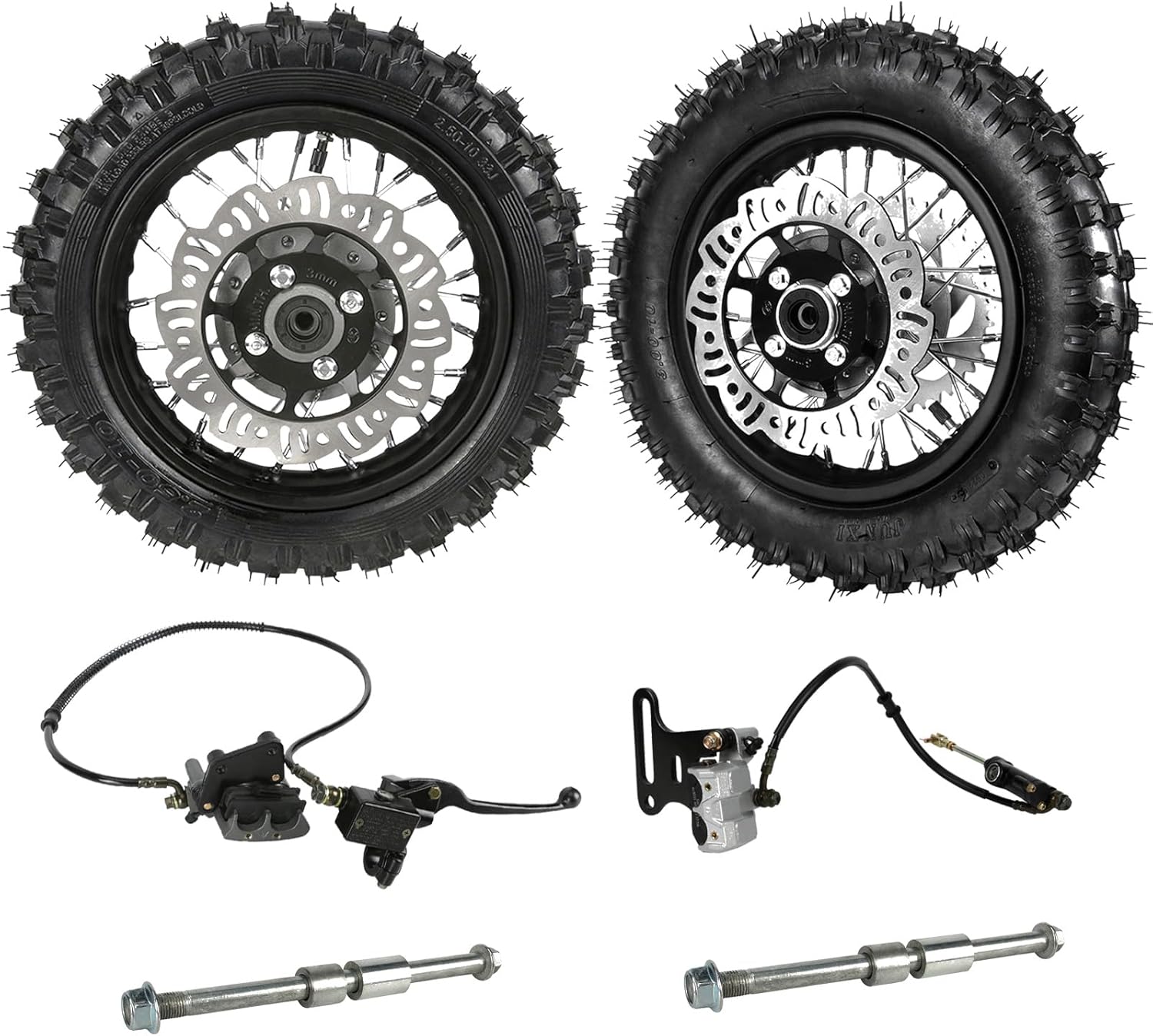 2.50-10 3.00-10" Dirt Bike Wheel Tire and Rim Front Rear, Brake Caliper, 12mm Bearing Rim Axle for CRF50 XR50 SSR Apollo Disc Brake Scooter Mini Pit Bike Offroad Motorcycle 50cc 70cc 90cc 110cc 125cc