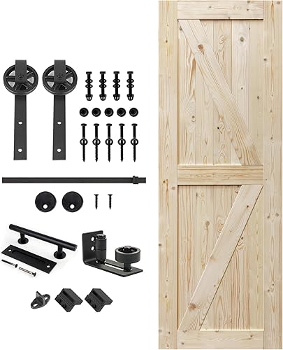 Miniatura 59 de S&Z TOPHAND 48" x 80", Puerta estilo granero British Brace de madera nudosa, sin terminar, con kit de herrajes para puerta corredera de 8', madera