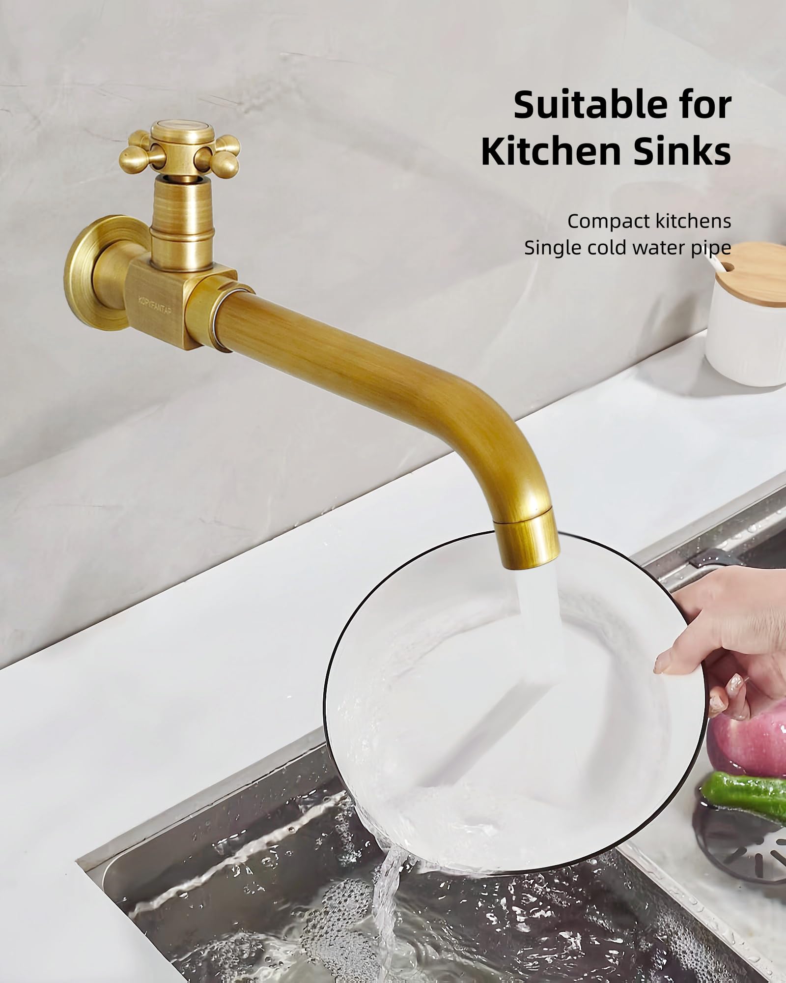 Rubinetto da Esterno a Muro in Ottone Antico, Rubinetto a Parete Giardino Acqua Fredda, Girevole a 360° Rubinetti Bronzo Lungo per Lavabo Lavello e piscina, 24cm