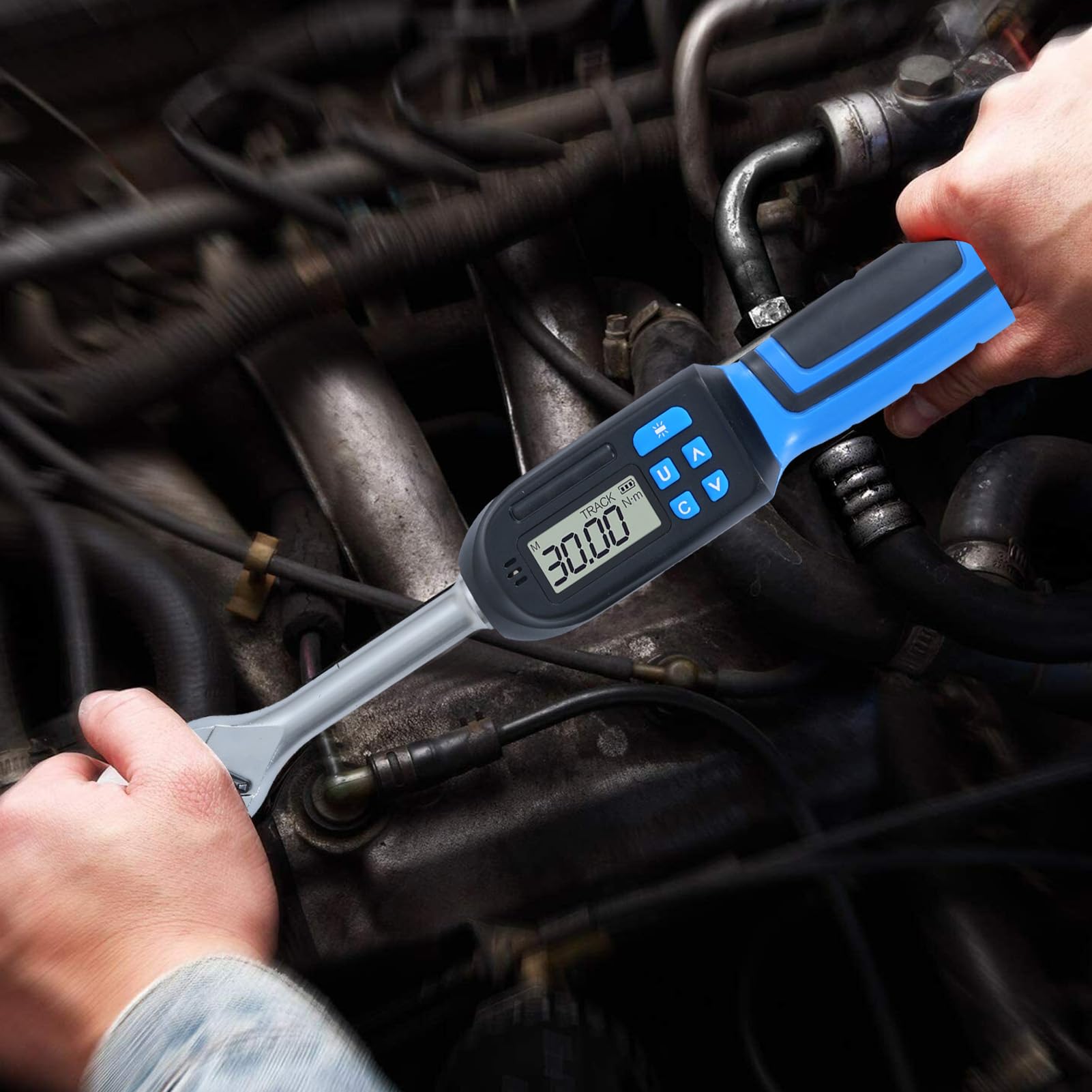 Digital Torsion Wrench, LED and Buzzer, 3 to 60 Nm Range, 3/8 Inch Drive, Data Storage, Chrome Vanadium Steel, Peak Hold and Track Modes, for Automotive and Motorcycle Maintenance