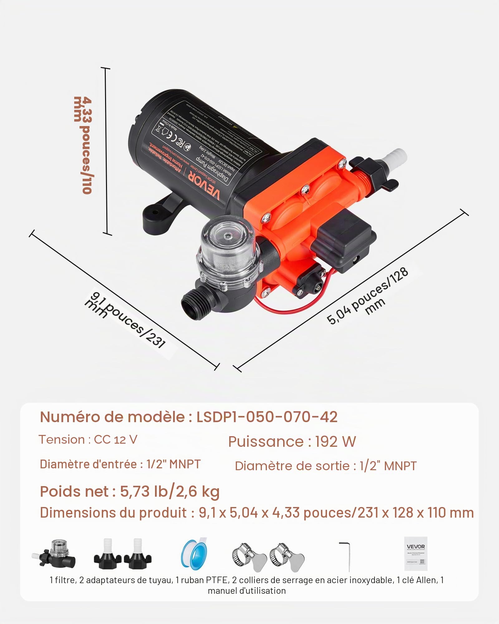 VEVOR Pompe à Eau à Membrane Auto-amorçante 12 V CC 18,9 L/min Pression 4,8 bar 4 Chambres, avec Pressostat, Pompe à Eau pour Camping-car, Lavage de Voitures, Bateaux, Irrigation Agricole, Jardin