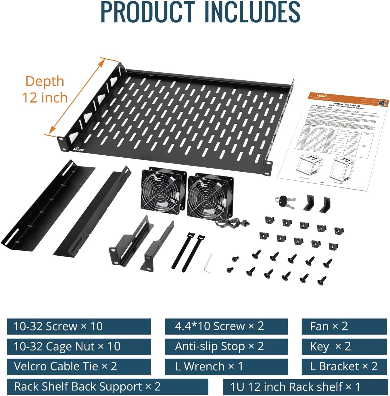 Tecmojo 6U Wall Mount Rack package contents including screws, cage nuts, velcro ties, fans, L brackets, and a 1U rack shelf.