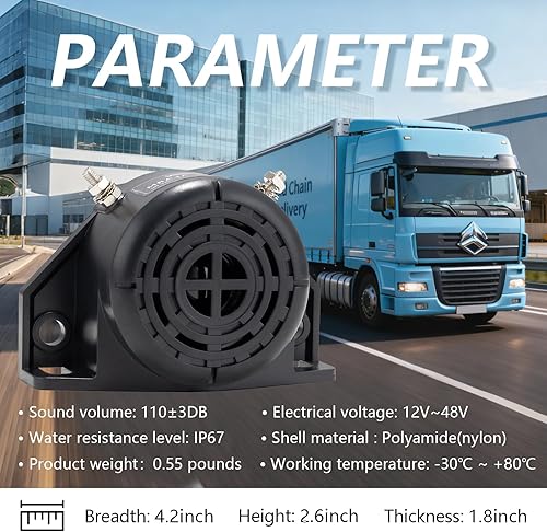 Miniatura 2 de FARBIN Alarma de respaldo para camión, 105 dB, 12 V-48 V, bocina inversa BIBI, timbre de advertencia, sirena de advertencia, impermeable,