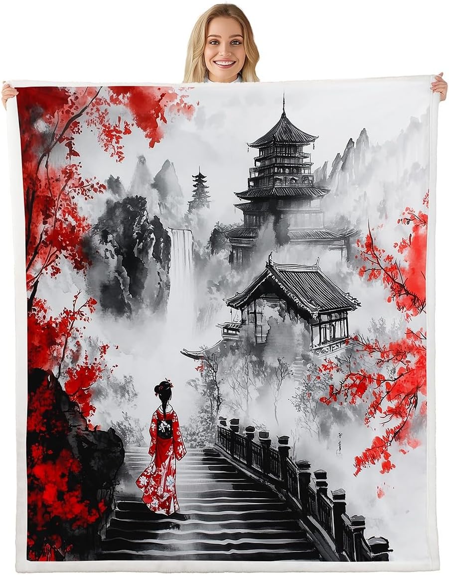 Japanese Style Throw Blanket Japanese Woman Cherry Blossom Retro Attic Fleece Blanket, Fashion Style Ink Art Throws for Bed Couch Sofa, Kids Girls Room Decor, Soft and Breathable(90 x 90 Inches)