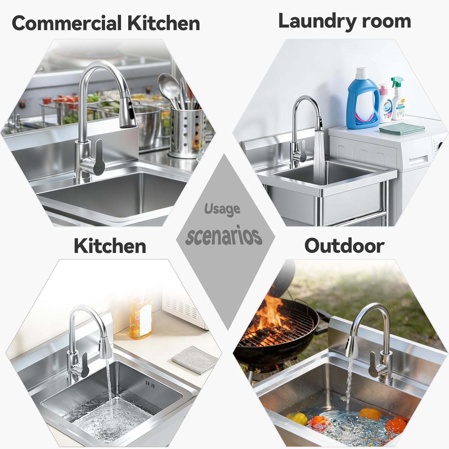 20Inch Stainless Steel Utility Sink, Commercial Single Bowl with Hot & Cold Water Lines, Drain Kit + Base Plate for Kitchen, Garage, Laundry