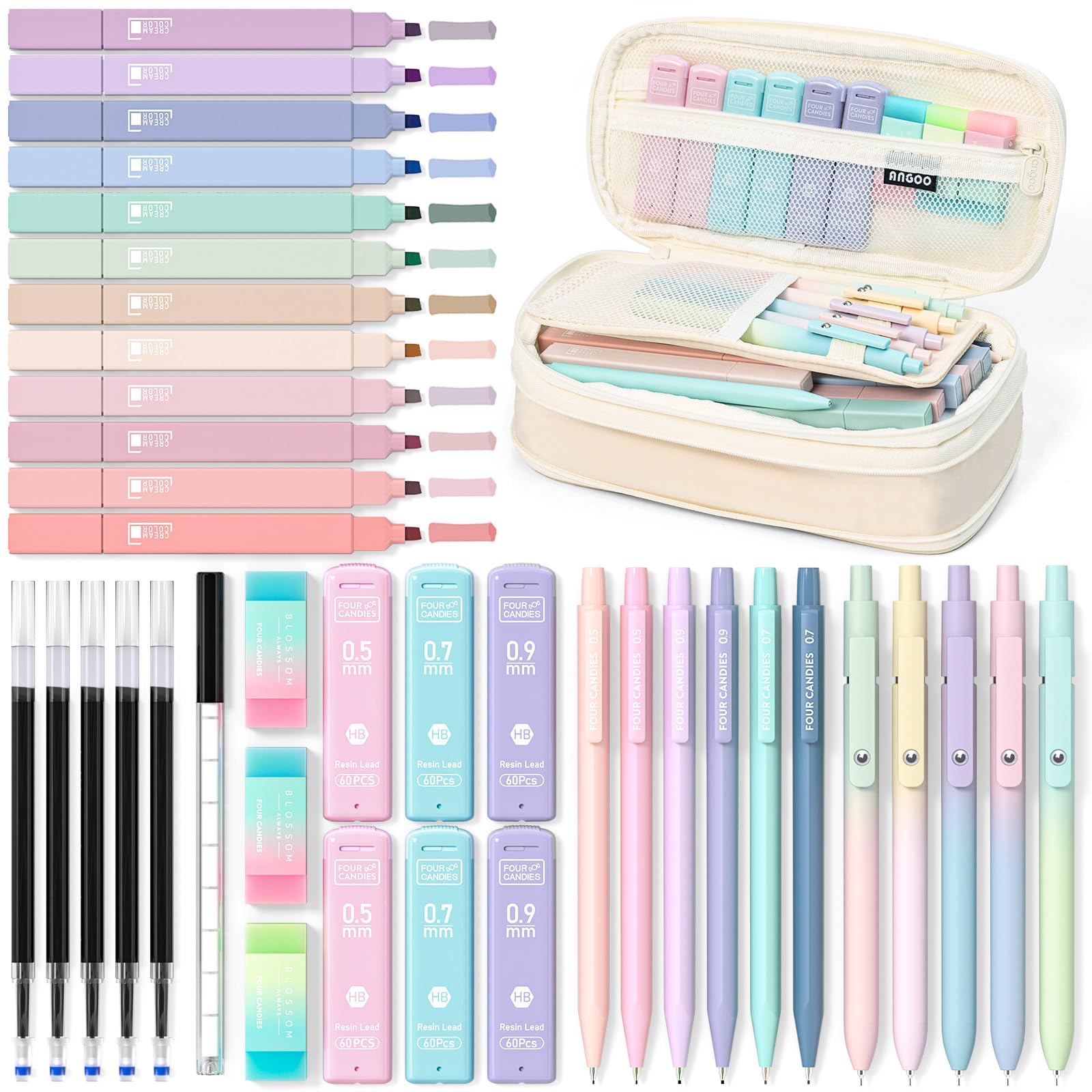 4 Candy 39 Pcs Cute School Supplies with Pen Case for Girls - Set of 5 Black Ink Gel Pens, 12 Pastel Highlighters, 6 Esthetic Mechanical Pencils for Stationery College Essentials (Cream)