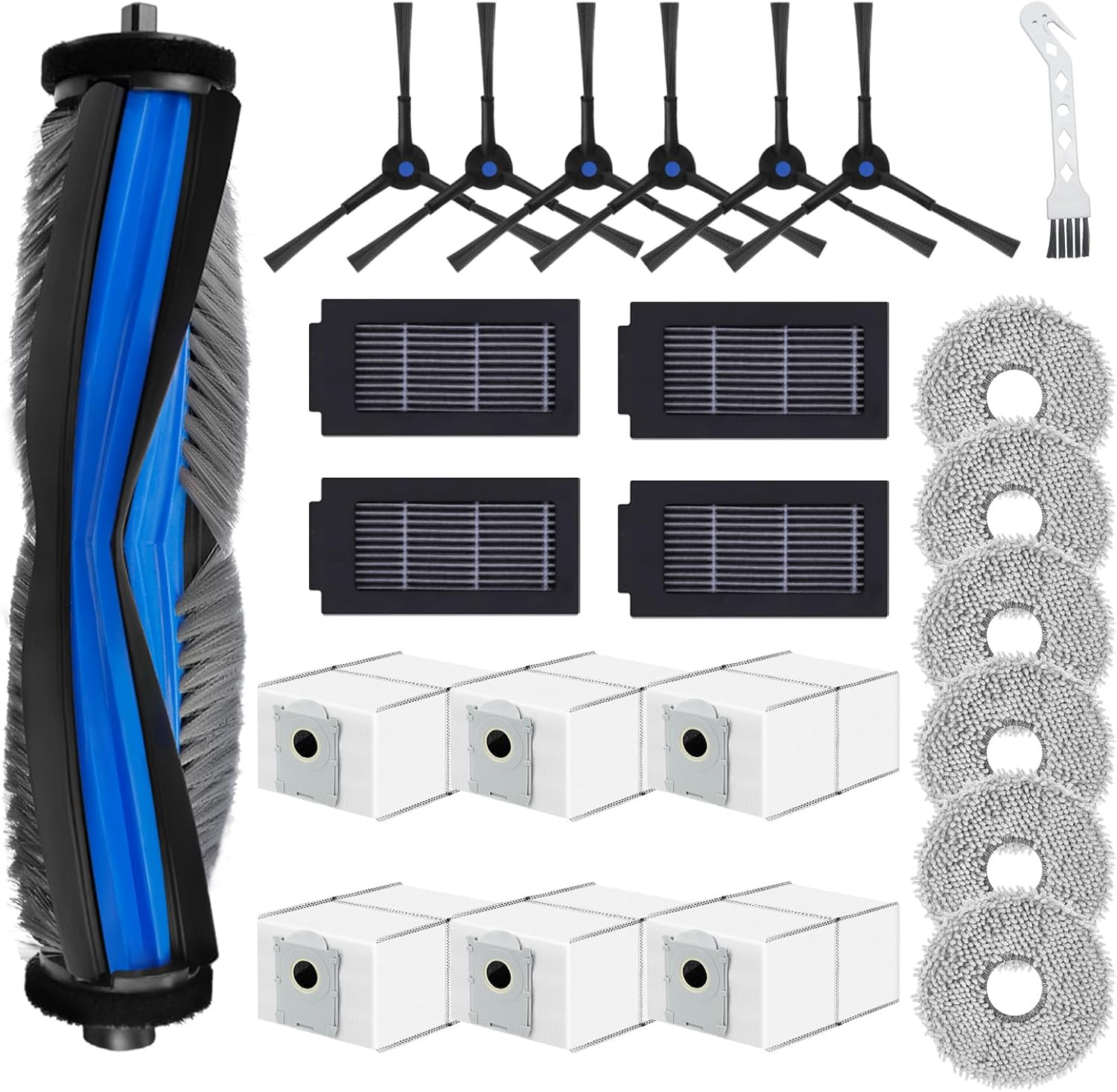24PCS Accessories Parts for Ecovacs Deebot T50 Max Pro Omni Vacuum Cleaner, Replacement Kits 1 Main Roller Brush, 6 Mopping Pad, 4 HEPA Filters, 6 Dust Bag, 6 Side Brushes 1 Cleaning Brush