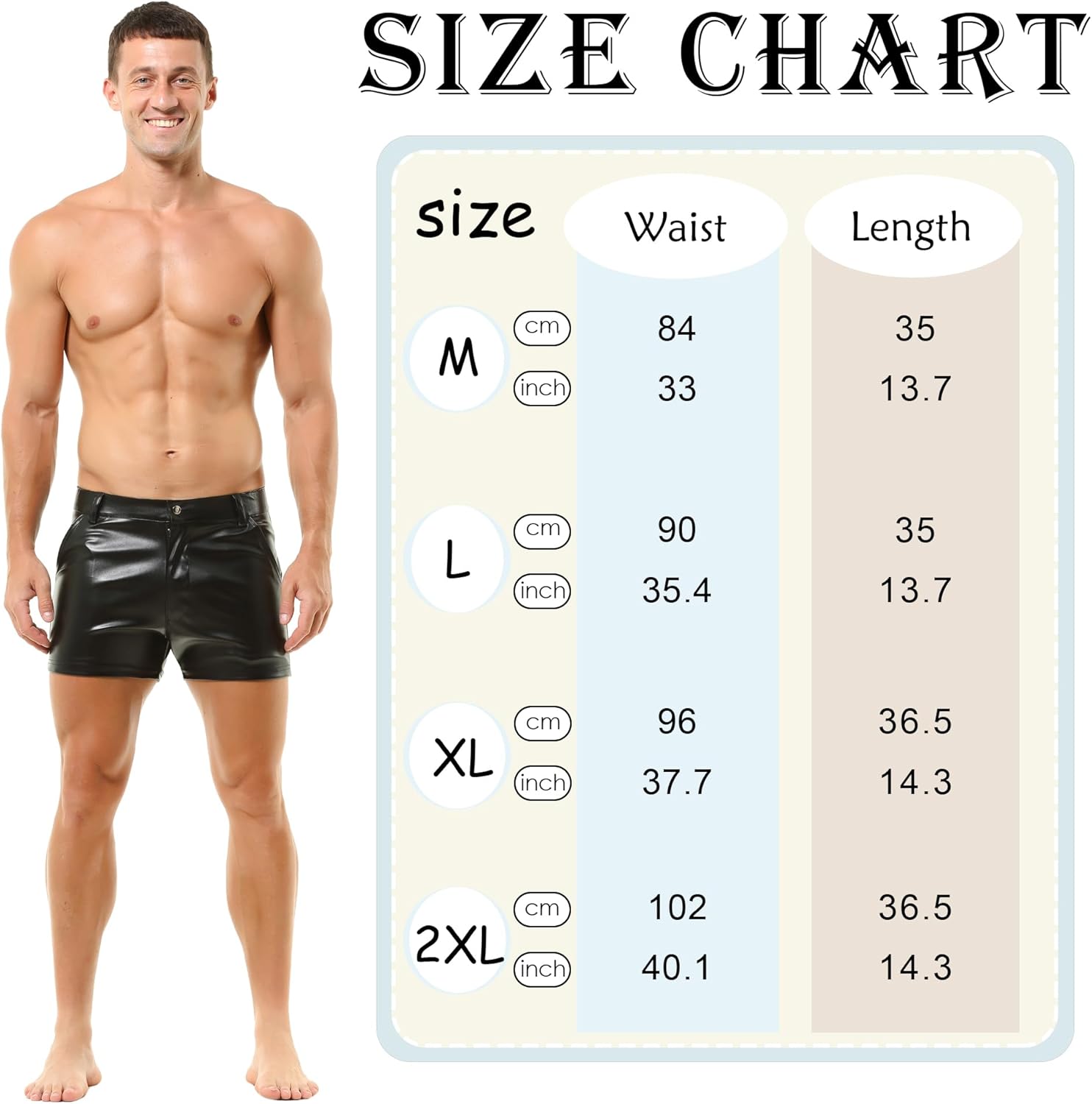 QiaTi Men's PU Leather Shorts Elastic Waist Rave Hot Short Pants Zipper Men Sexy Shorts with Pockets for Club Party - Image 5