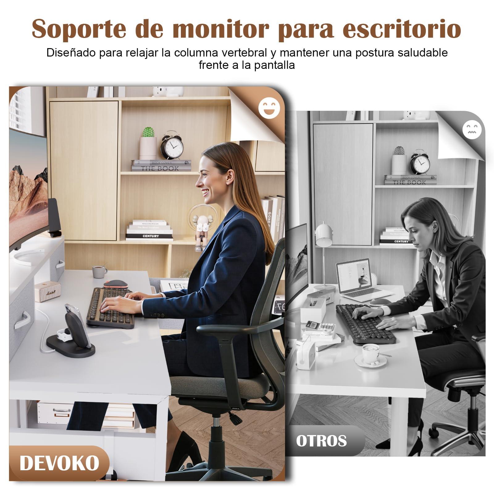 Devoko Escritorio con Cajones con Estante Reversible, Escritorio Ordenador con Almacenamiento, Soporte para Monitor, Orificio para Cables, 2 Estantes Ajustables y Cajón Inferior, 120 x 50 cm, Blanco