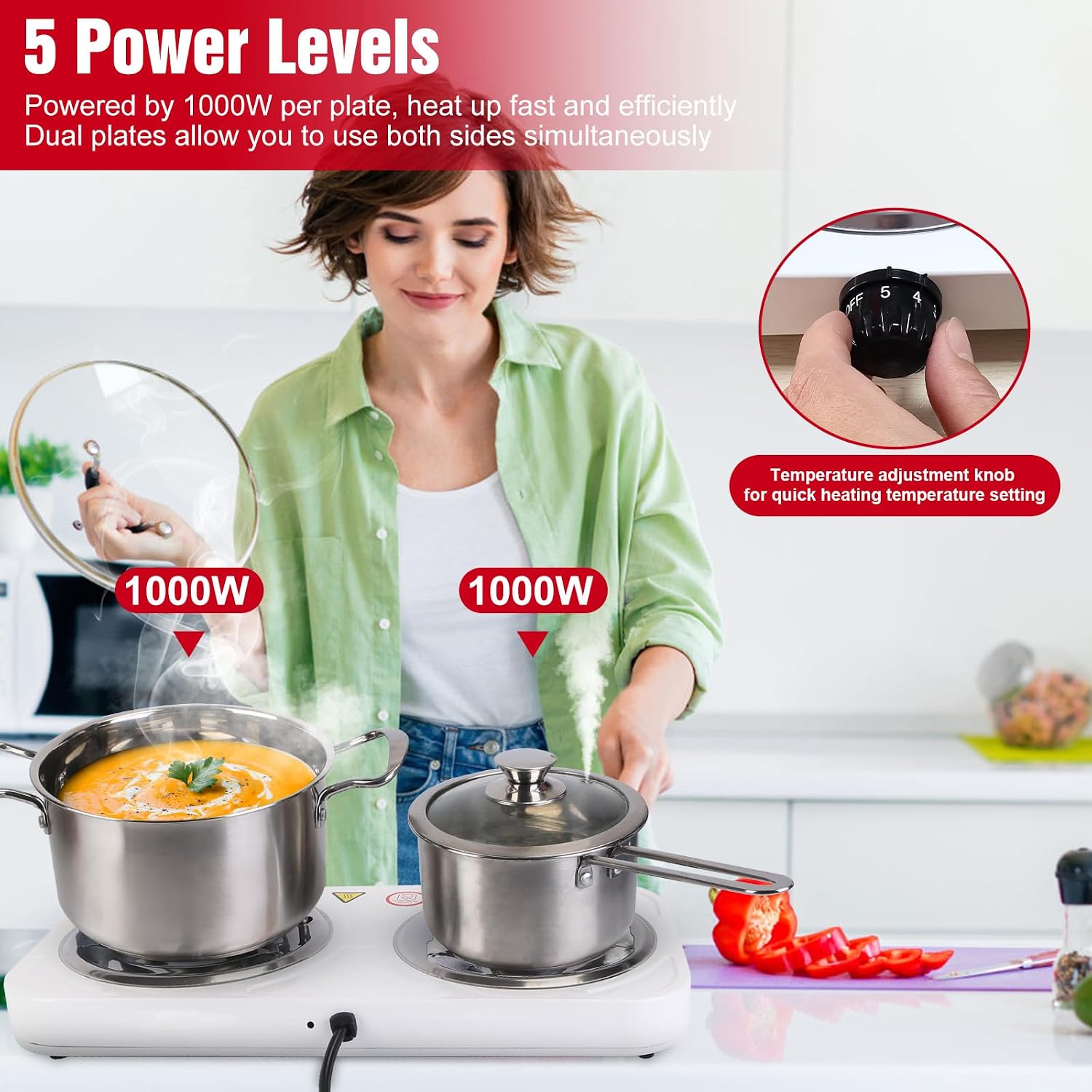 2000W Electric Hot Plate,Portable Electric Stove Countertop Double Coil Burners W/Dual Control&5 Level Temperature Control, Easy to Clean,Lightweight Cast Iron Countertop Stove for Home Camp RV 110V