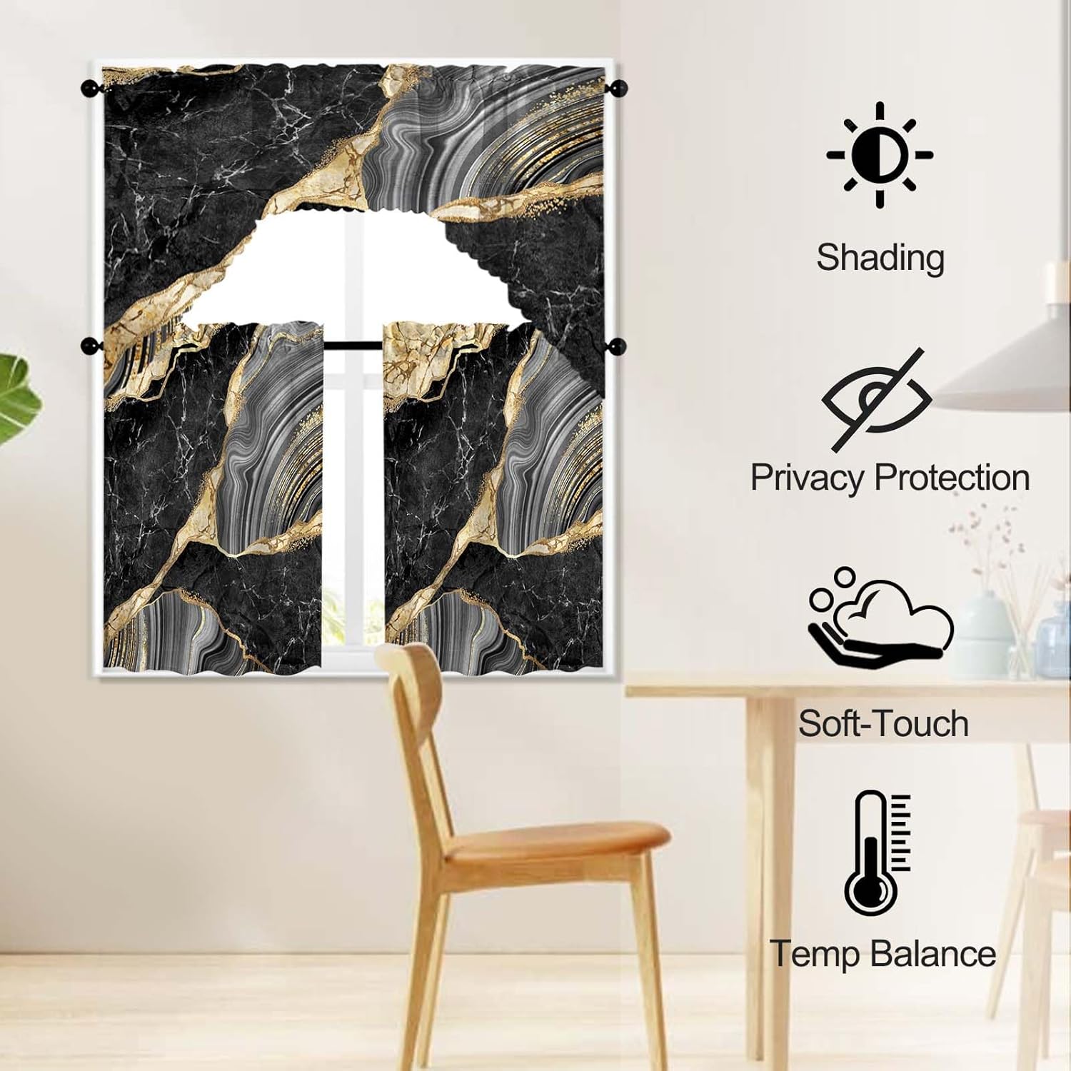 Marble Black & Gold Tiered Swag Window Curtain Set, 3Pc Kitchen Curtains with Marble Art Valance, Rod Pocket for Modern Kitchen Windows; Unique Patterns