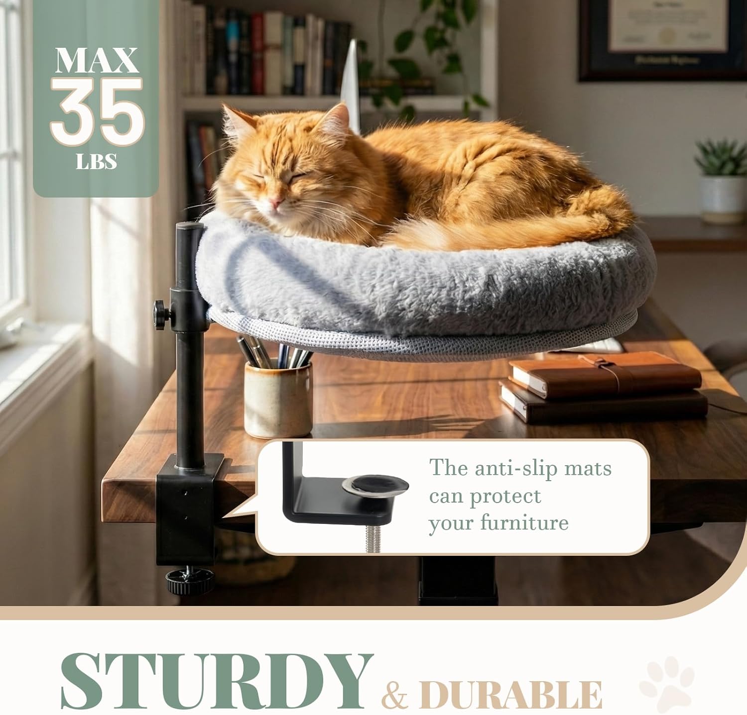 Cat Desk Bed with Clamp – Adjustable Height & 360° Rotation Desk Cat Hammock Perch, Space-Saving Cat Bed with Removable Washable Cushion for Home Office & Remote Work Cat Owners on Small Apartments