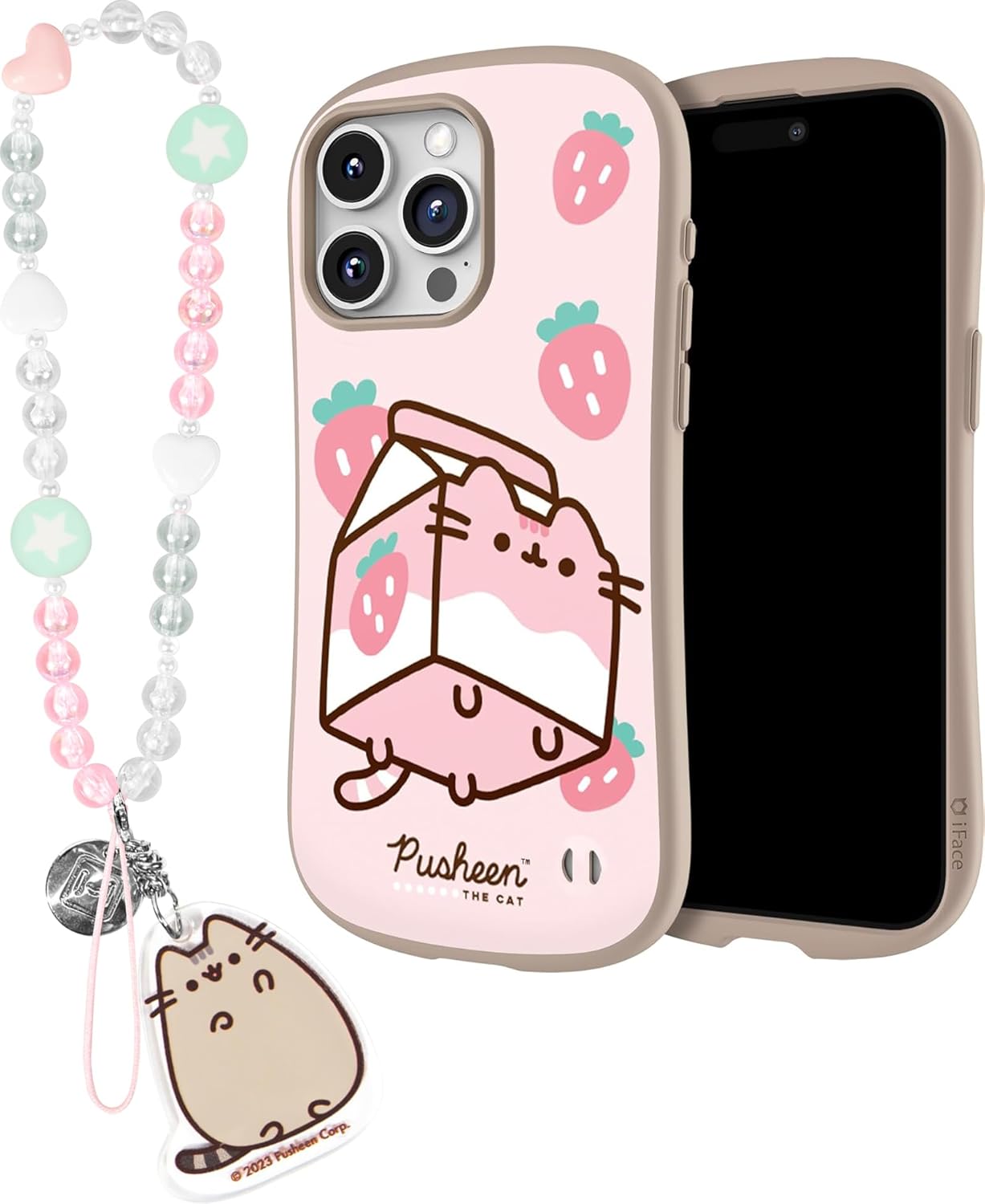 iFace Pusheen Case for iPhone 15 Pro Max (Strawberry Milk) + Pusheen Bead Strap
