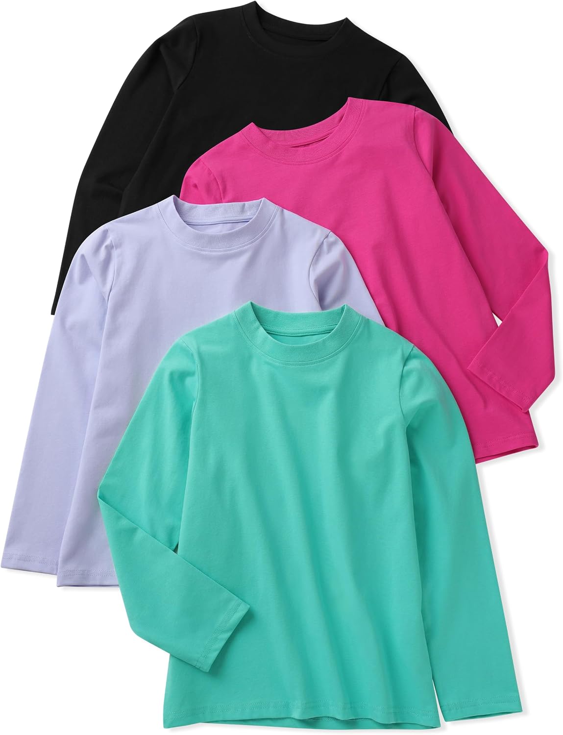 4 Pack Girls Long Sleeve Shirts Cotton Toddler Ribbed Neck Layering Tees
