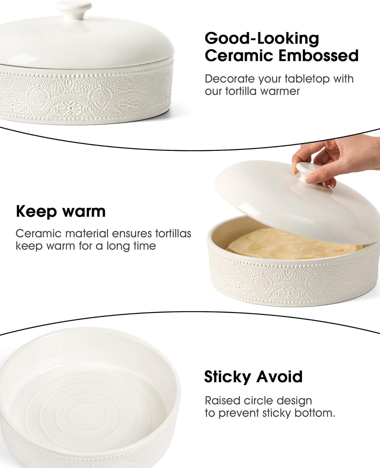 FE Ceramic Tortilla Warmer,Lace Emboss 8.8 Inch Tortilla Holder with Lid for Taco Tuesday, Mexican Night and Party,Taco Bread Pancake,Tortilleros Para Las Tortillas Caliente (Bright White) - Image 5