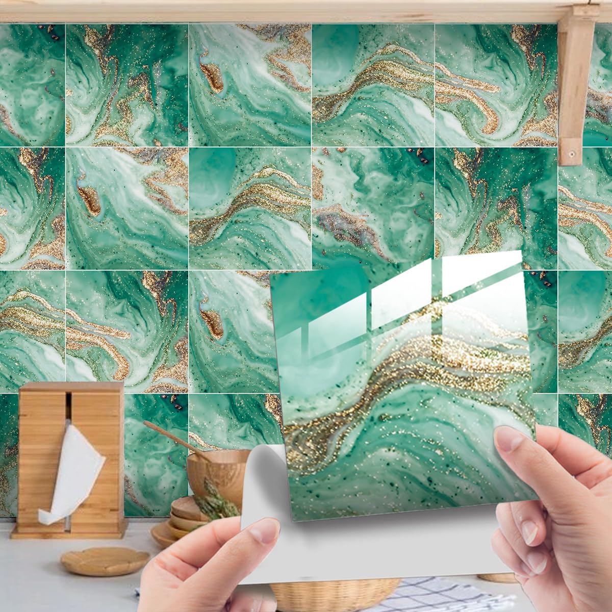 HORIWE Tile Stickers Marble Adhesive Tile Art Wall Decal Sticker DIY Kitchen Bathroom Backsplash Home Decor PVC Waterproof Oil Proof New 4x4 Inches 20pc
