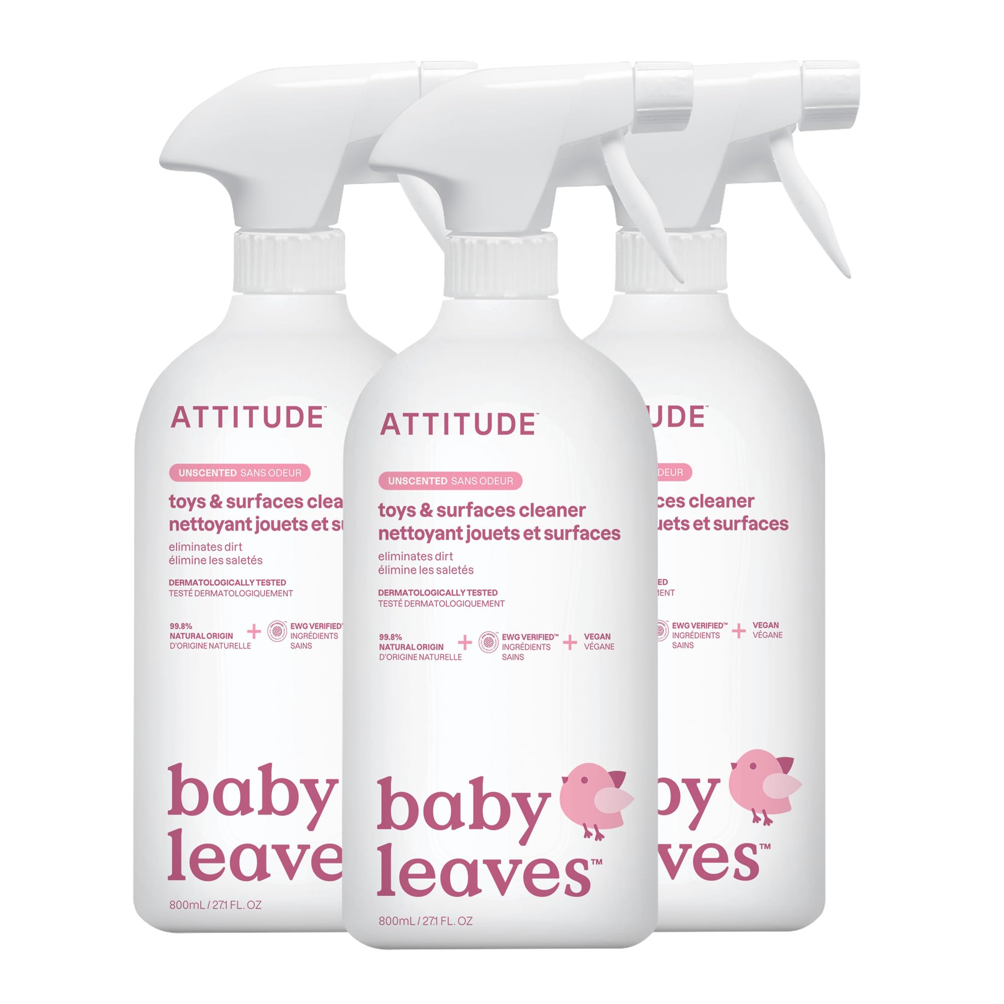 ATTITUDE Toy and Surface Cleaner, EWG Verified, Plant- and Mineral-Based, Vegan Household Products, Unscented, 27.1 Fl Oz (Pack of 3)