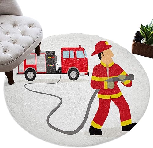 Miniatura 2 de Alfombra de área de 4 pies, redonda, para interiores, camión de bomberos y bomberos, alfombra lanuda para niños, habitación de bebé, sala de estar,