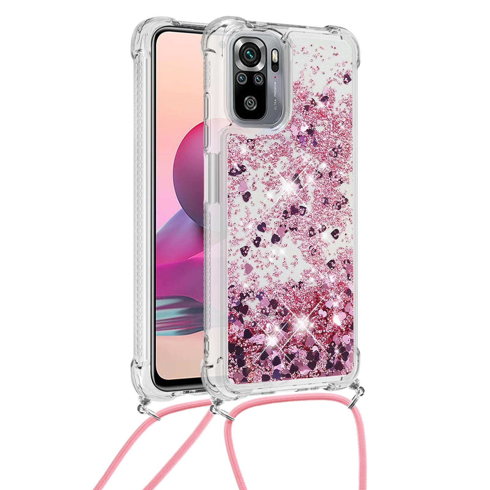 Glitzer-Treibsand Handyhülle Mit Halskette Für Xiaomi Redmi Note 10S/10 4G - TPU Schutzhülle Mit Beweglichem Glitzer & Verstellbarem Band (Pink)